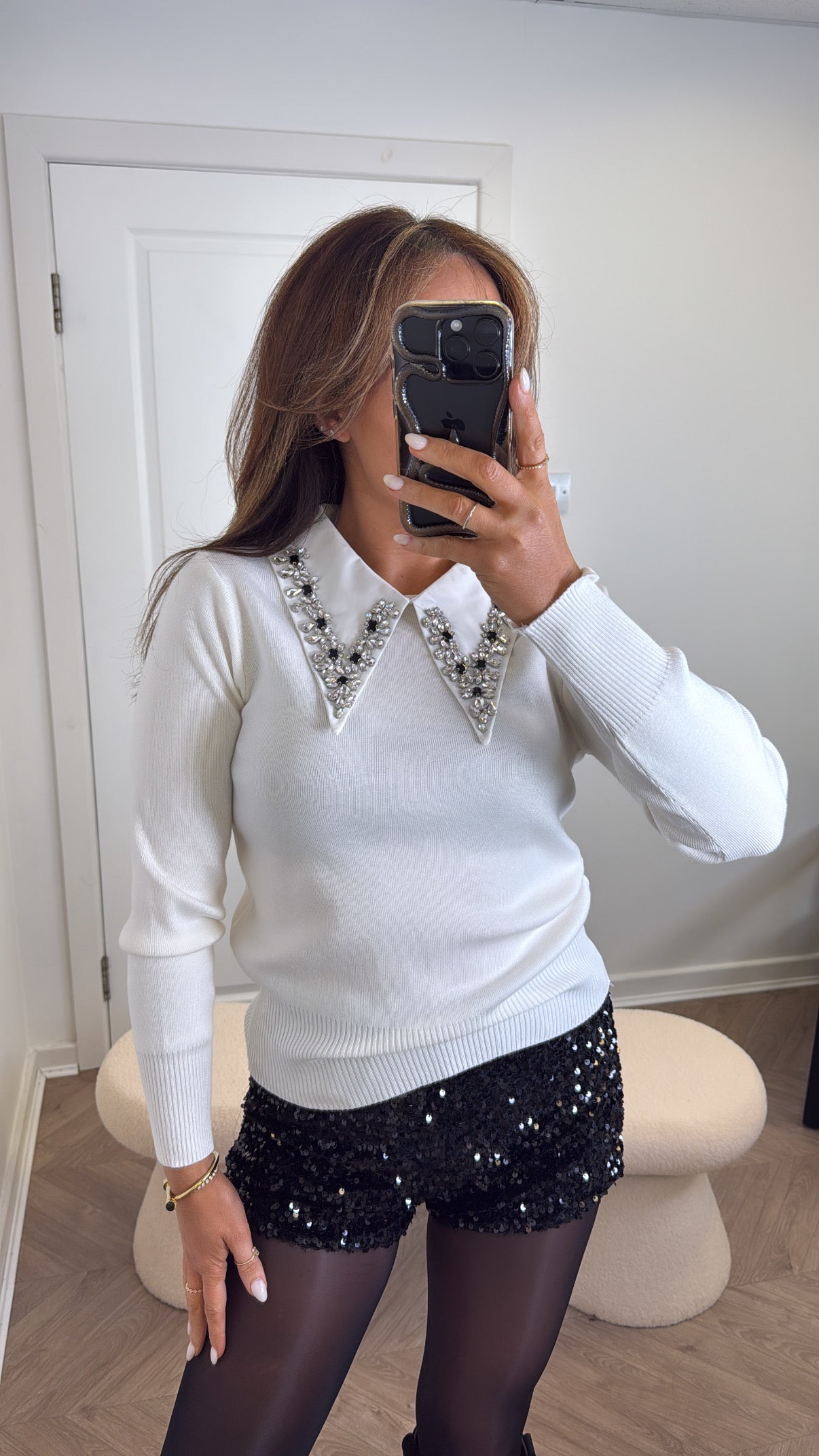 CHLOE white jumper with jewel detail collar