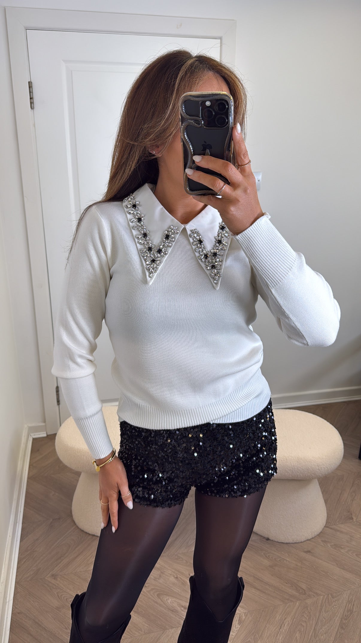 CHLOE white jumper with jewel detail collar