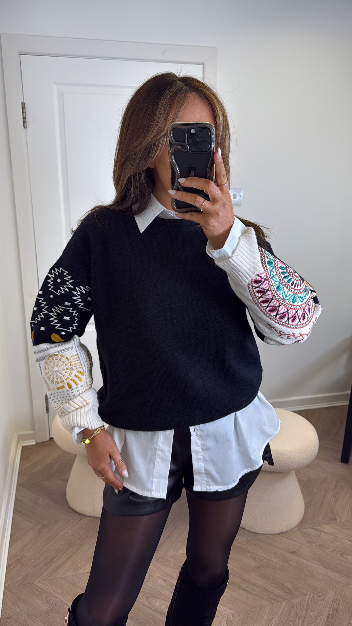FRANCESCA black jumper with cream aztec embroidered sleeves
