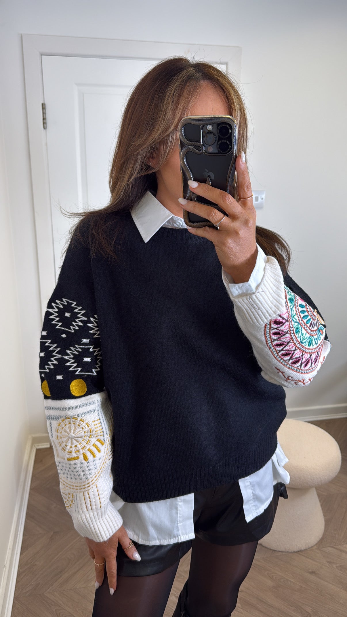 FRANCESCA black jumper with cream aztec embroidered sleeves
