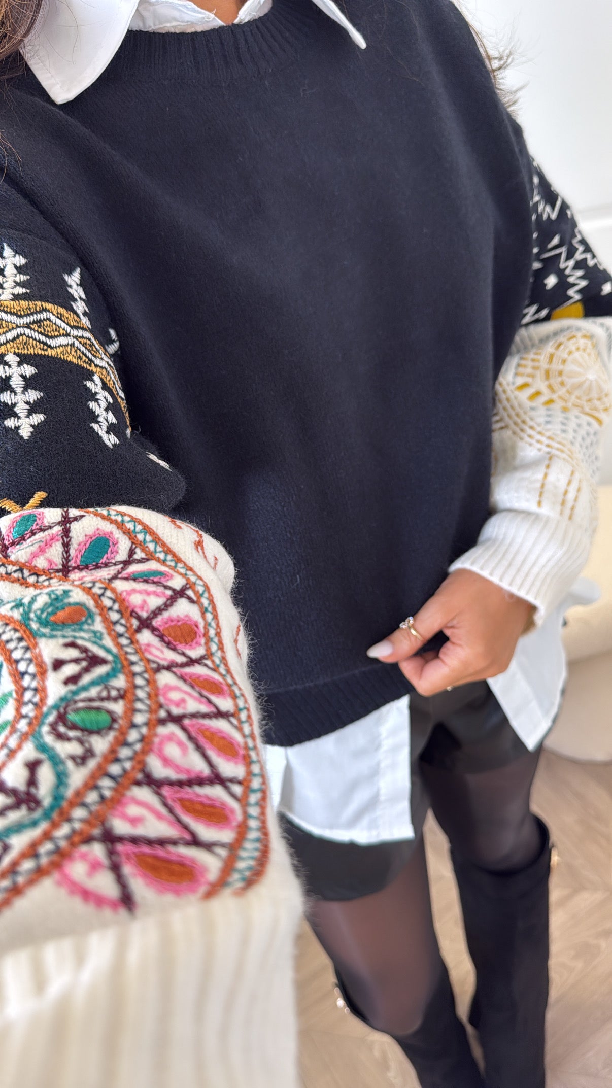 FRANCESCA black jumper with cream aztec embroidered sleeves