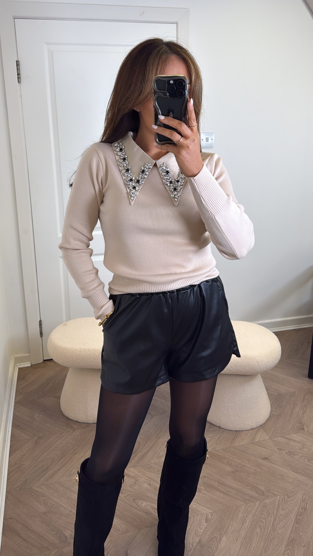 CHLOE beige jumper with jewel detail collar
