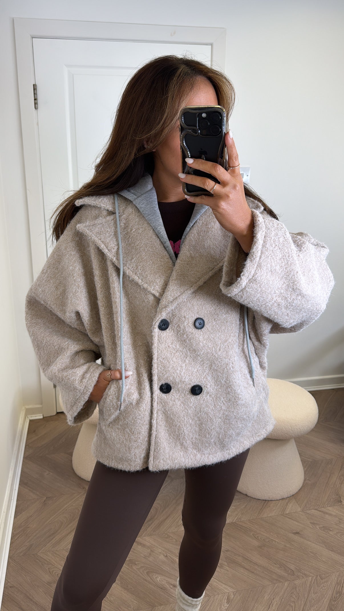 BREA beige short duster jacket with integral hoody