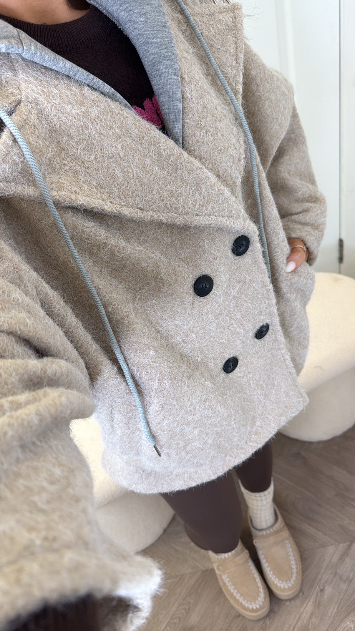 BREA beige short duster jacket with integral hoody