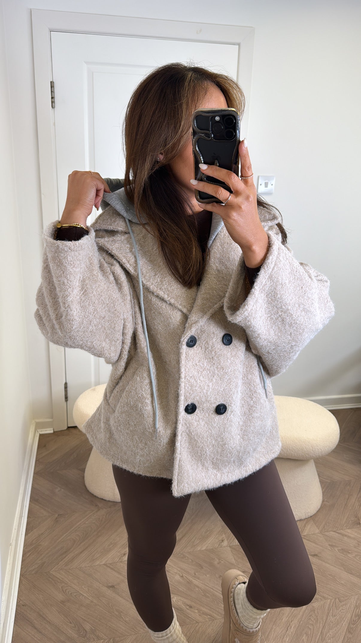 BREA beige short duster jacket with integral hoody