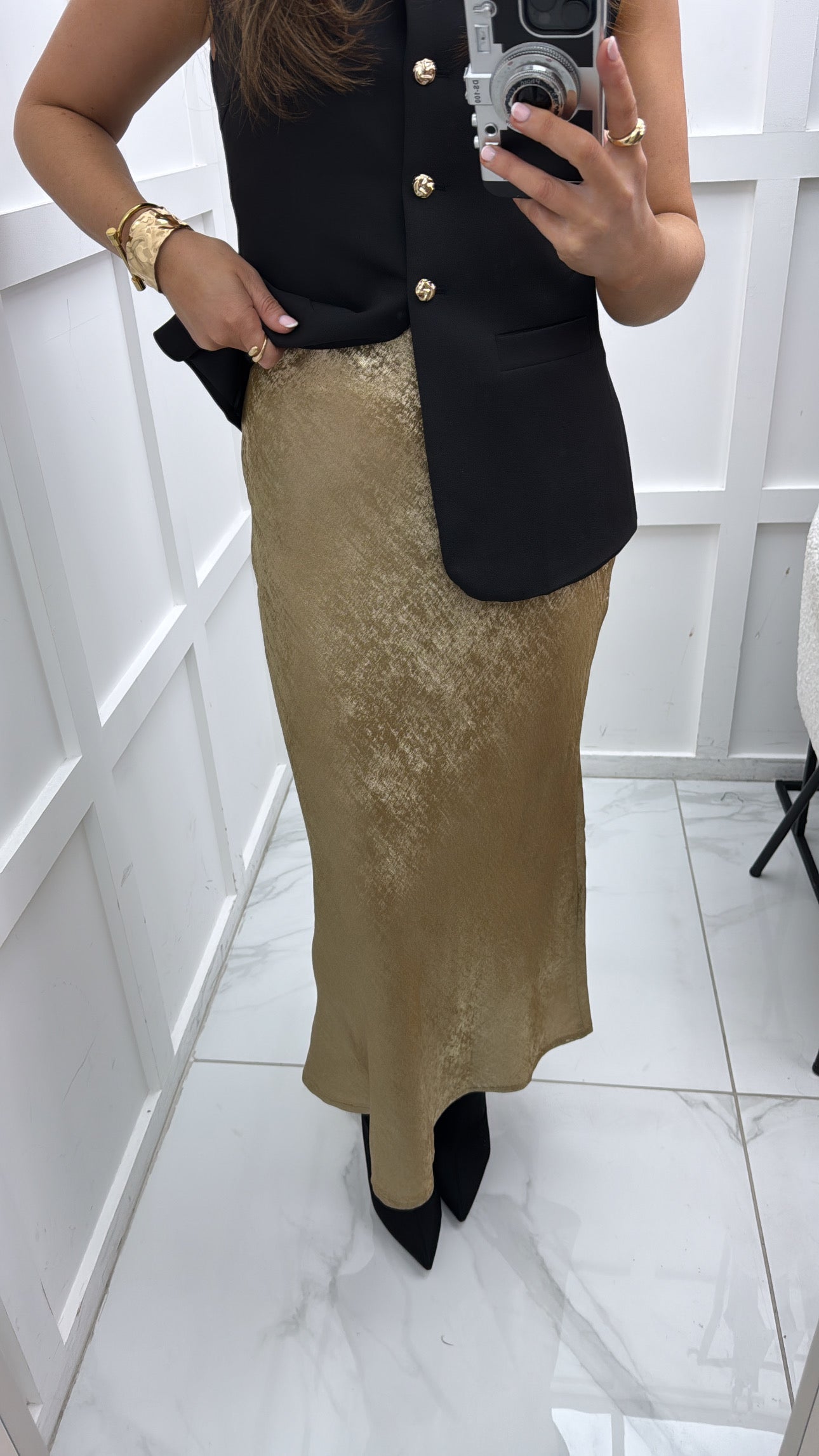 SIA gold metallic slip midi skirt