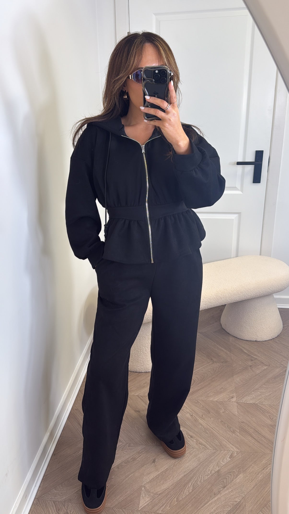 THEA black faux suede peplum hoody co-ord