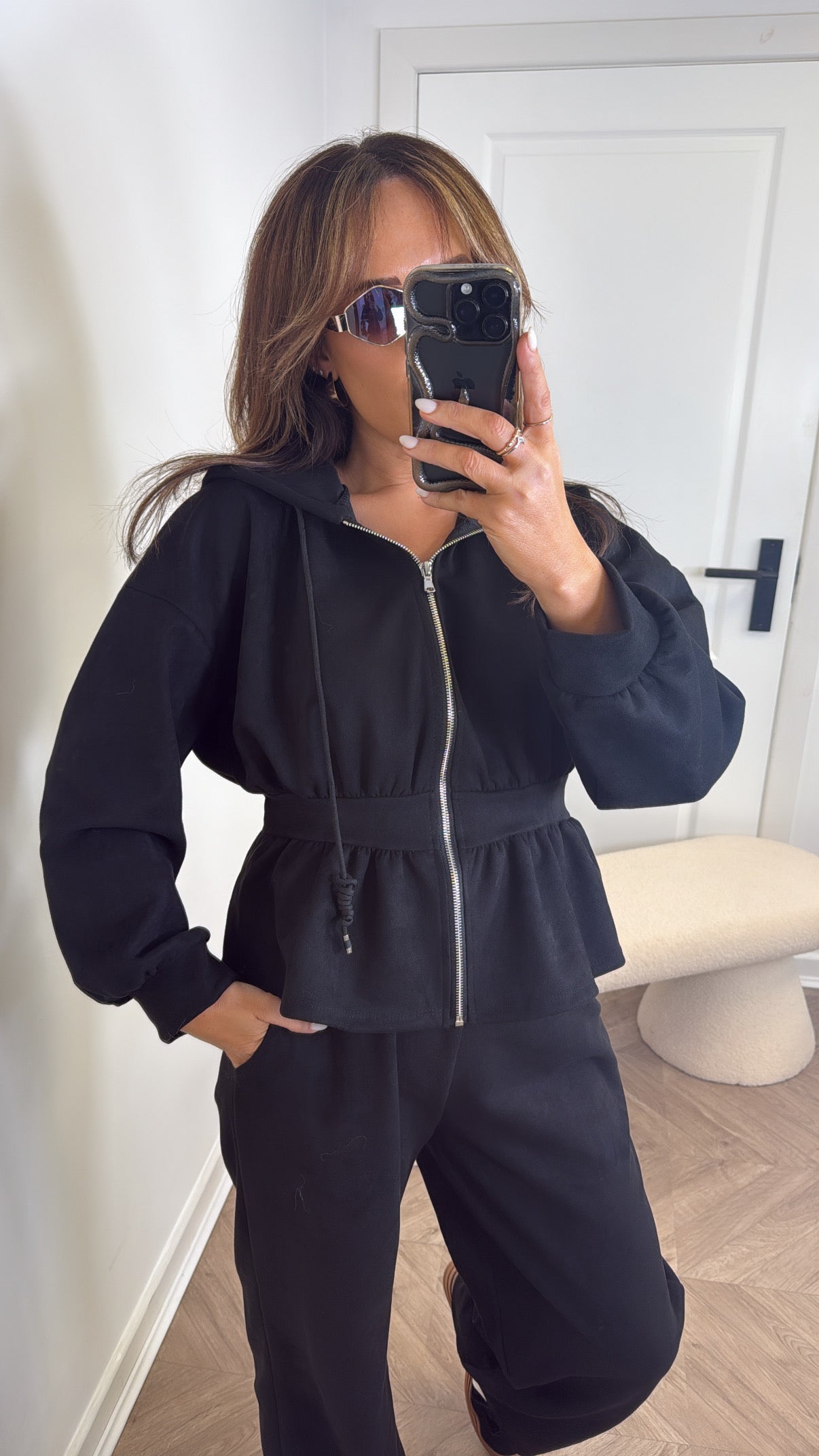 THEA black faux suede peplum hoody co-ord