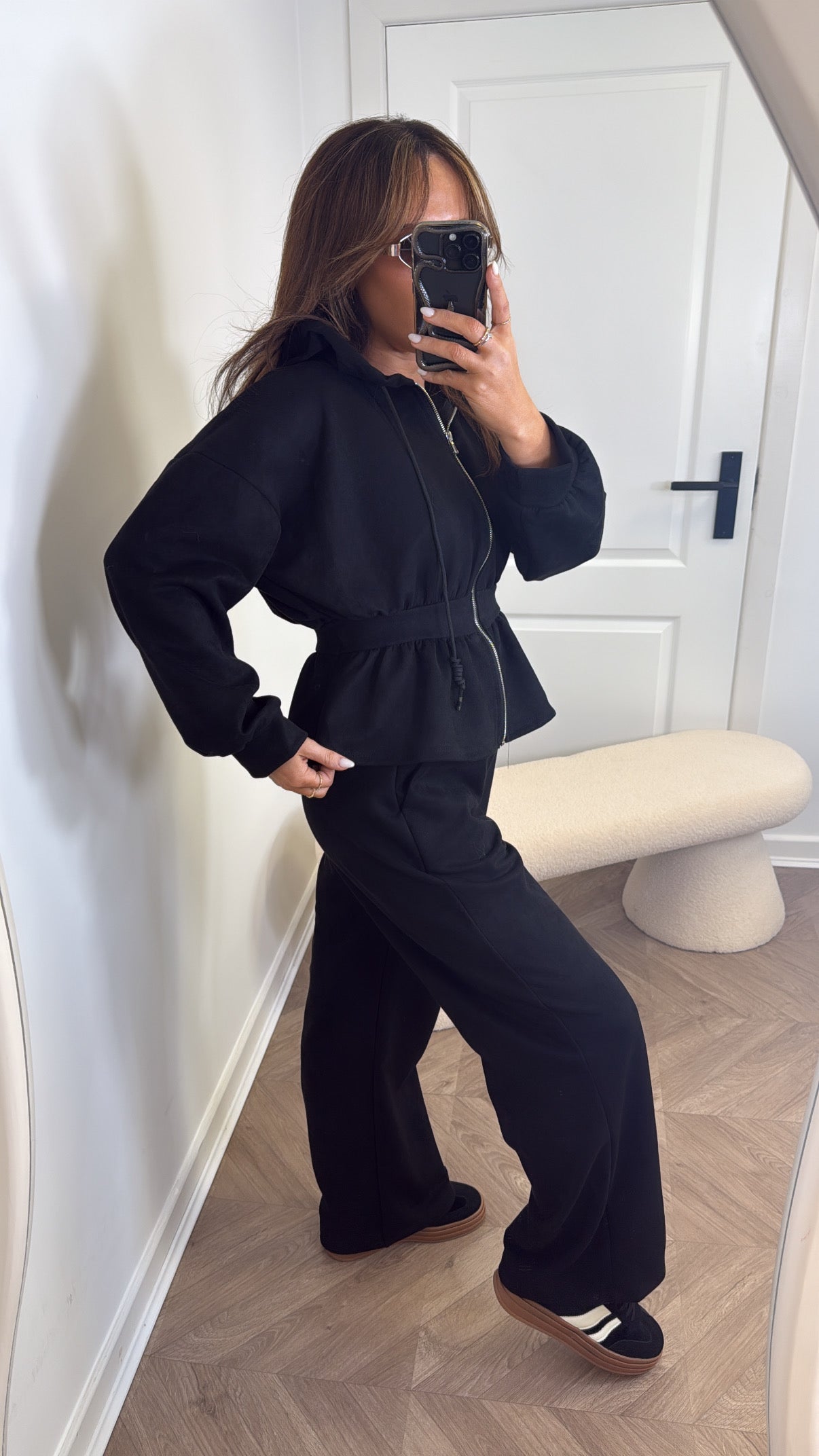 THEA black faux suede peplum hoody co-ord