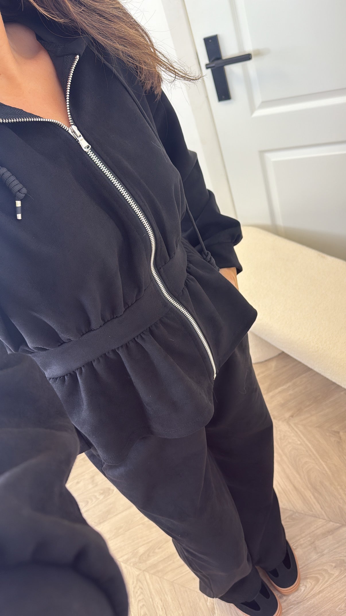 THEA black faux suede peplum hoody co-ord