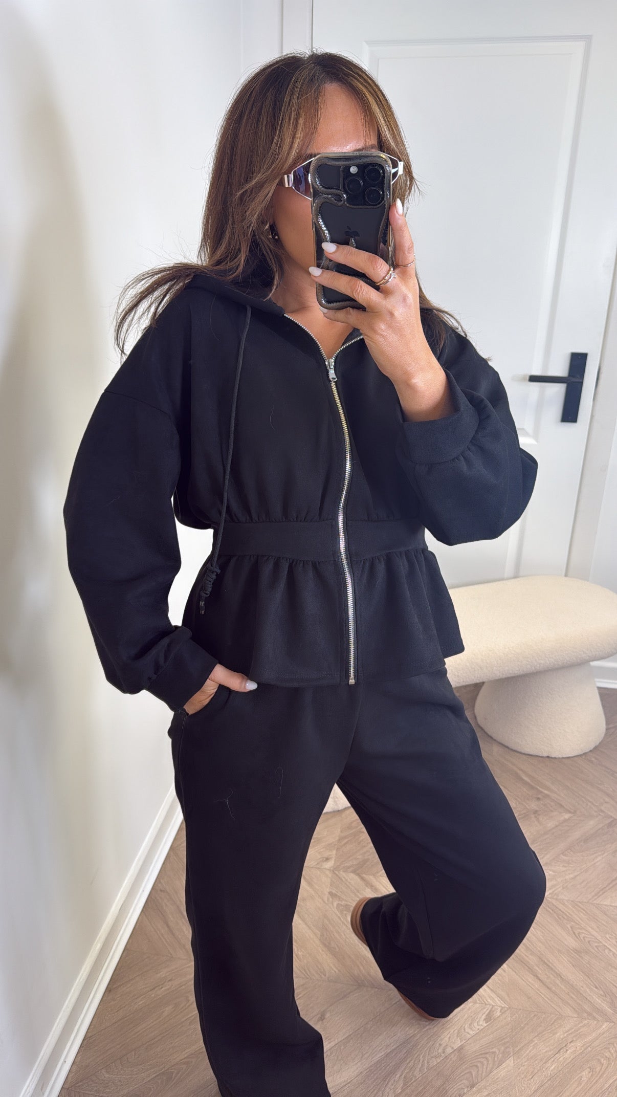 THEA black faux suede peplum hoody co-ord