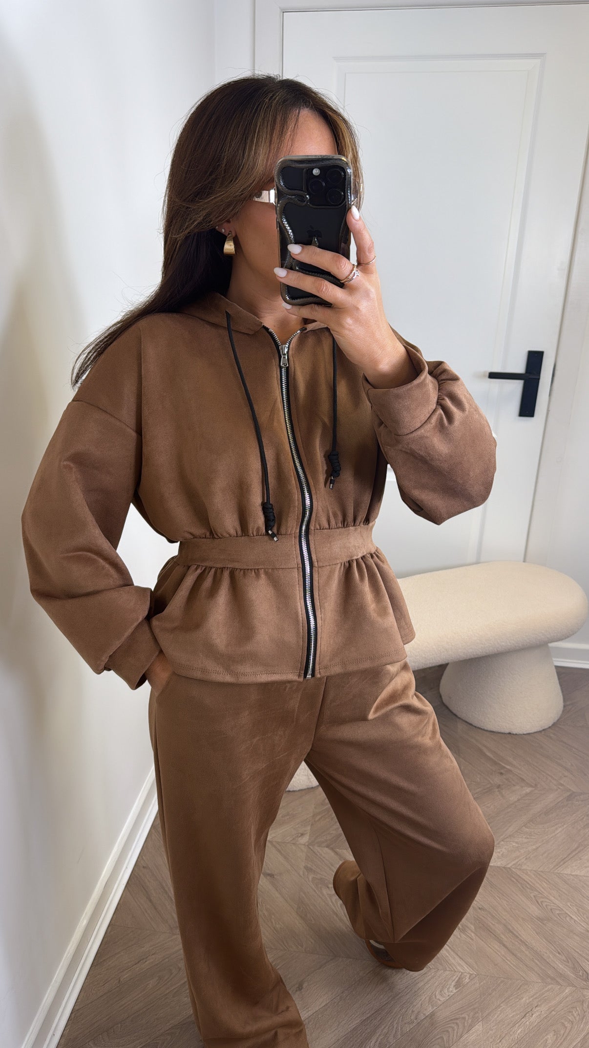 THEA camel faux suede peplum hoody co-ord