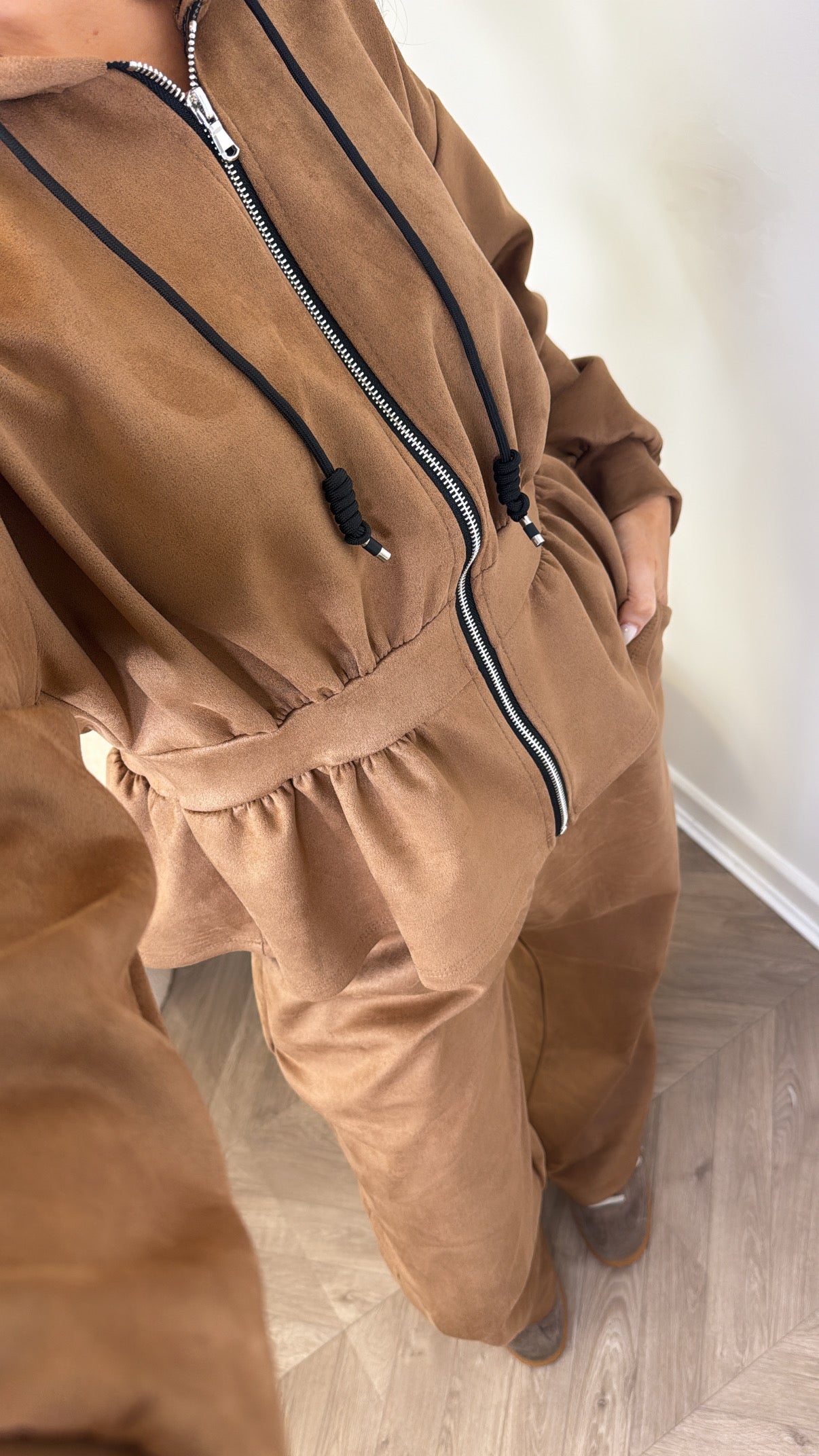 THEA camel faux suede peplum hoody co-ord