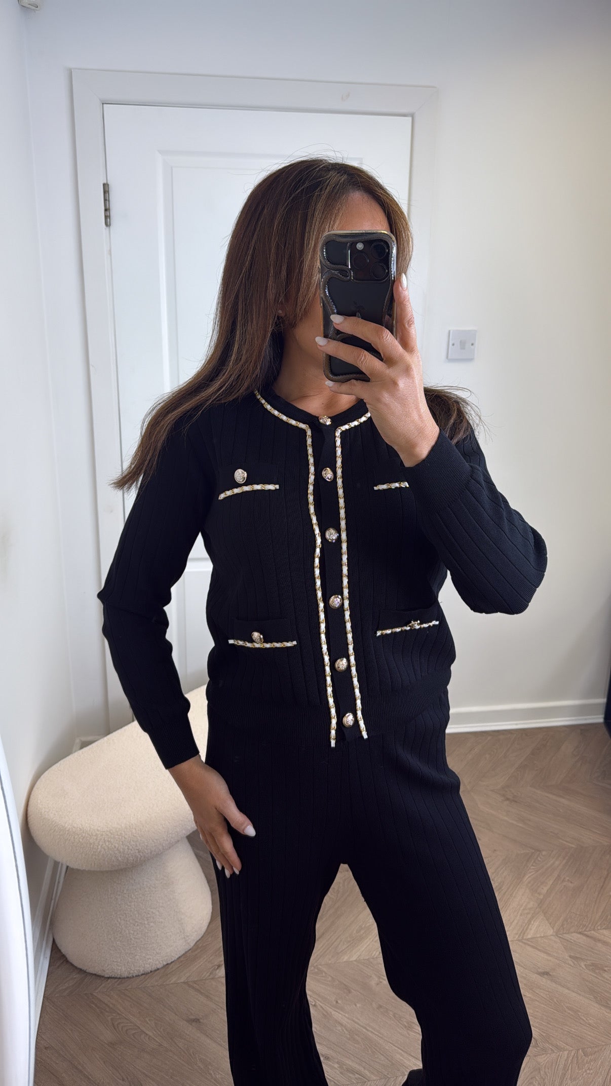 GRACIE black ribbed chain detail cardigan co-ord