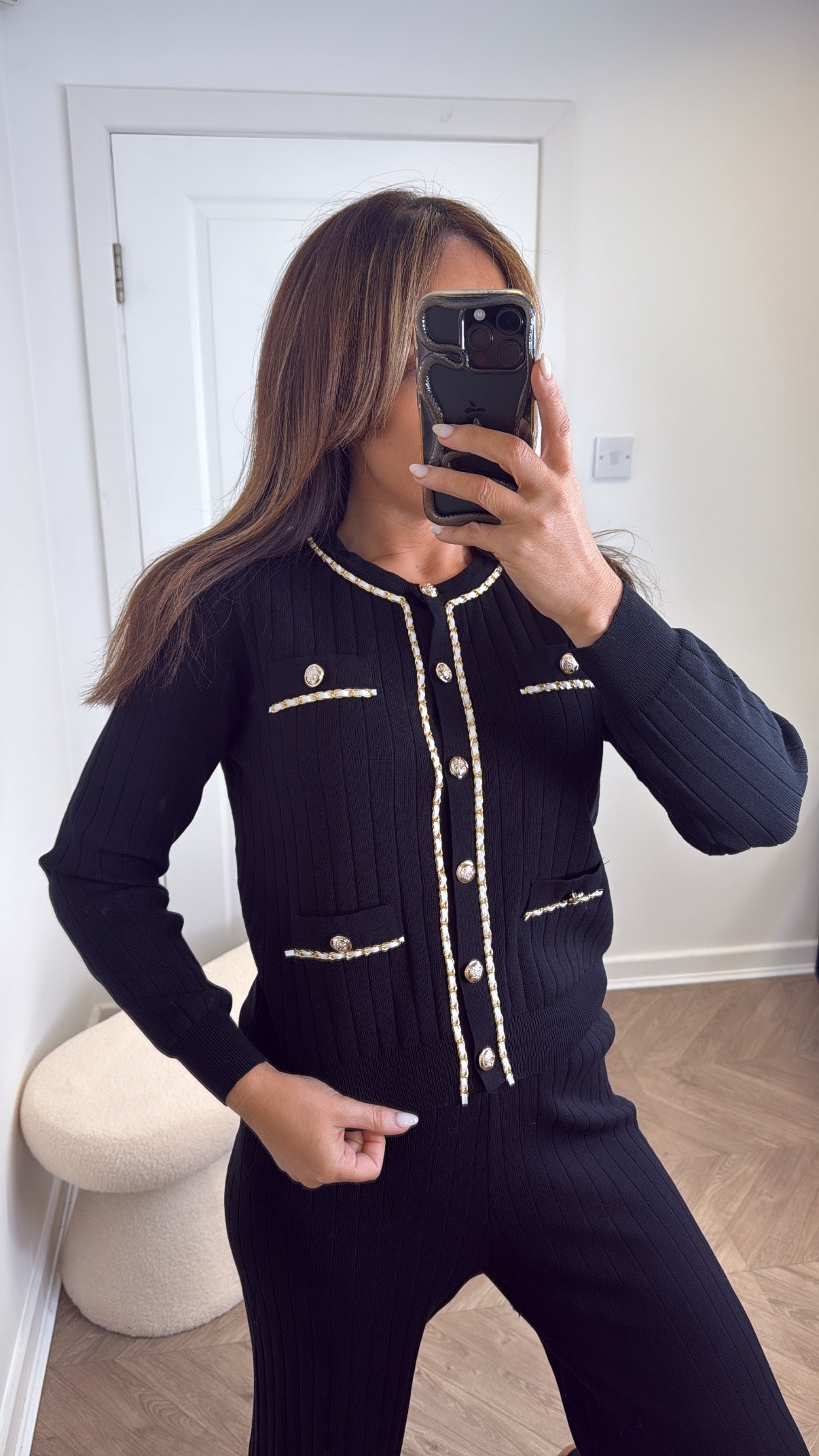 GRACIE black ribbed chain detail cardigan co-ord