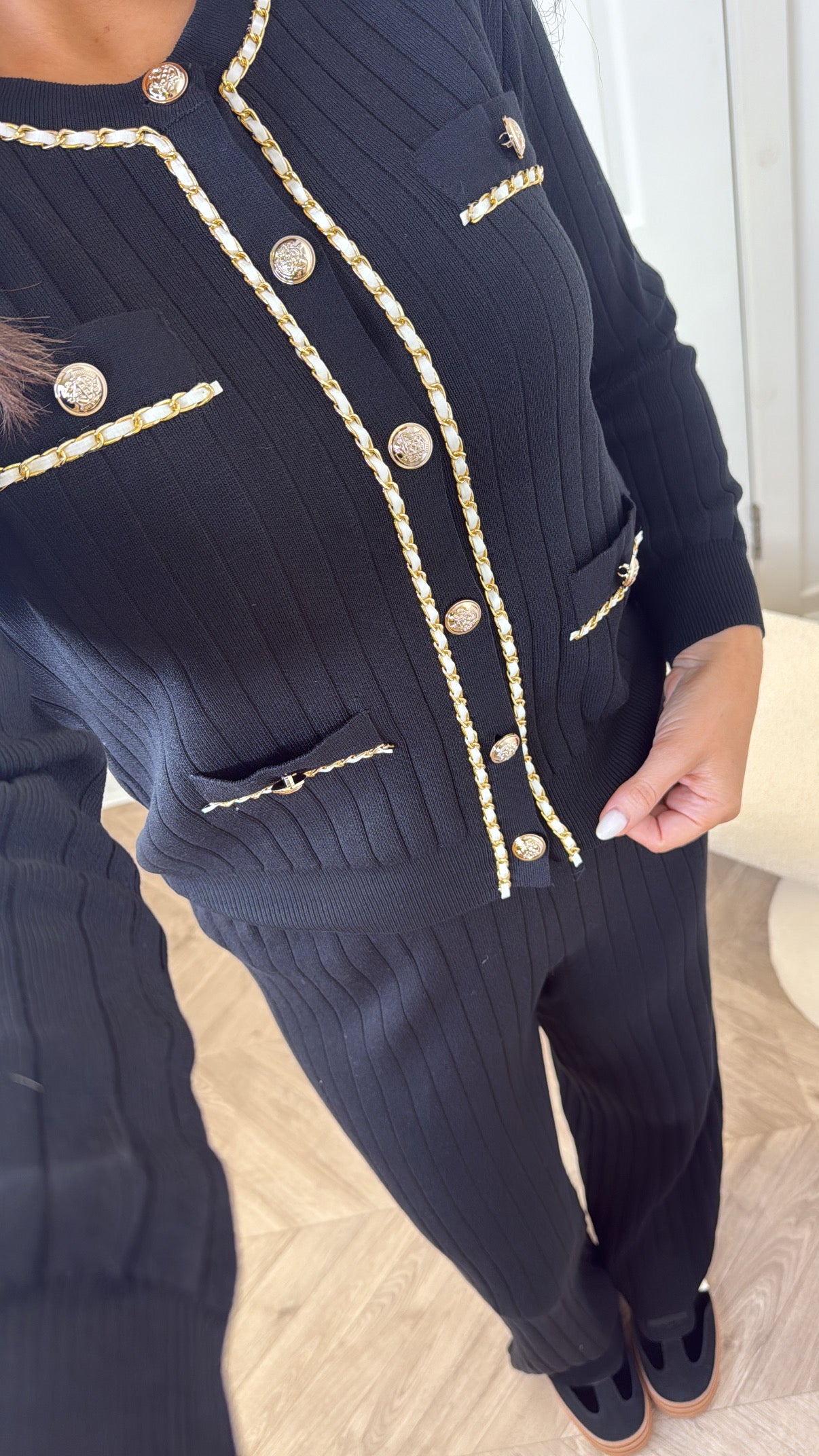 GRACIE black ribbed chain detail cardigan co-ord