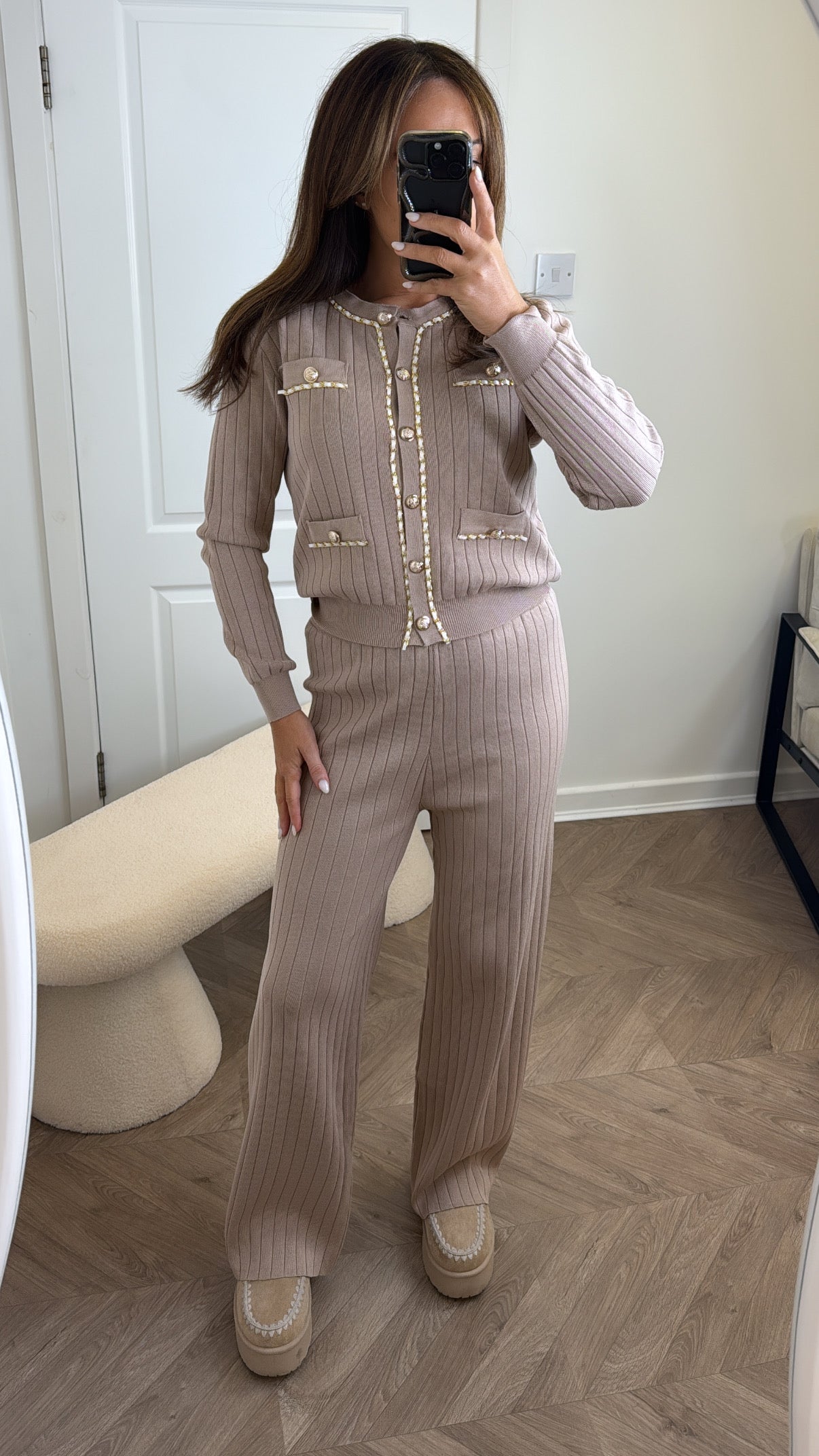 GRACIE beige ribbed chain detail cardigan co-ord