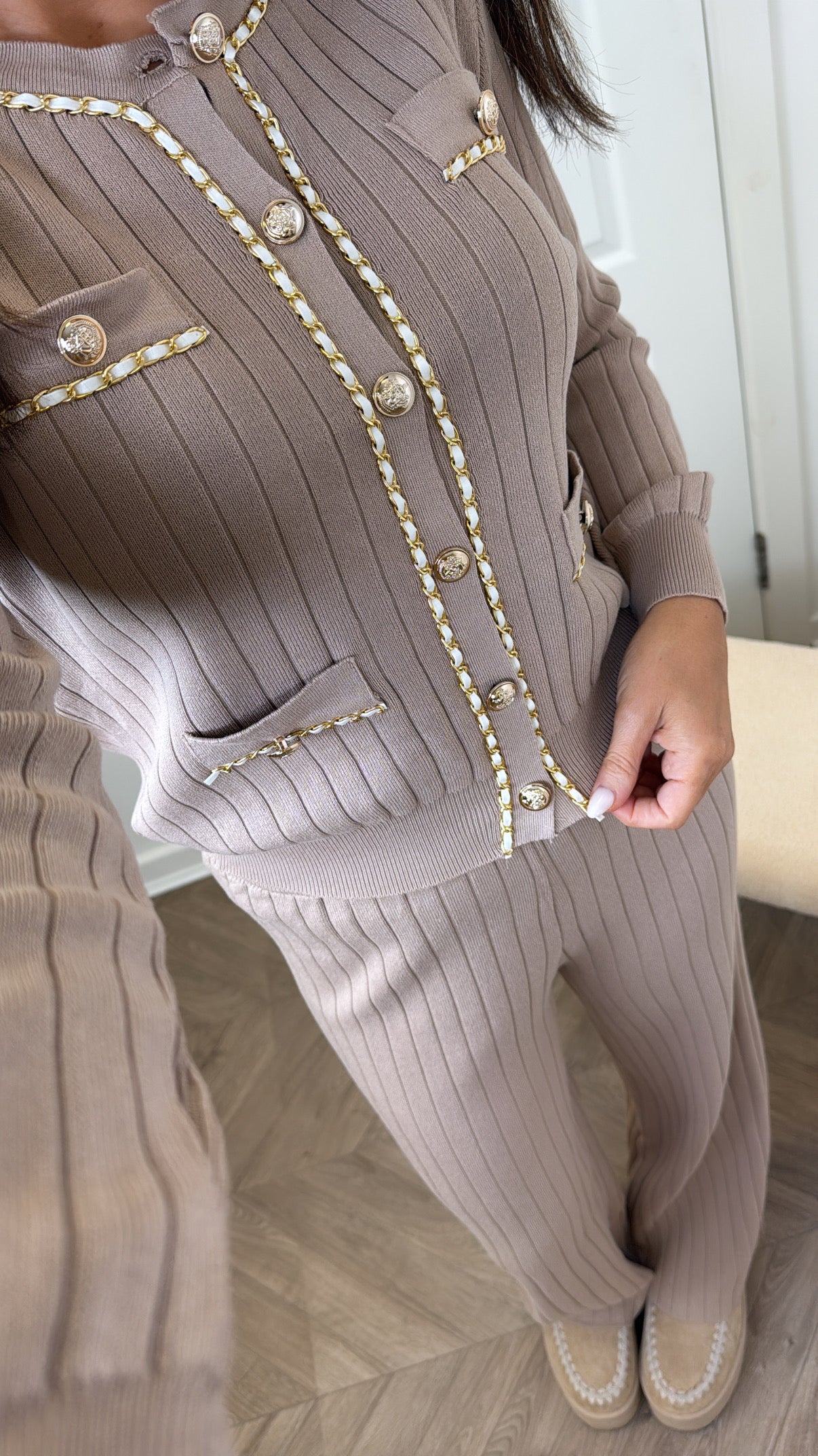 GRACIE beige ribbed chain detail cardigan co-ord