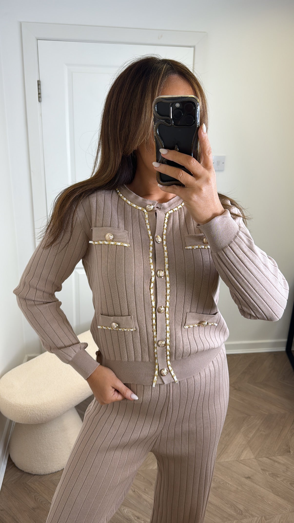 GRACIE beige ribbed chain detail cardigan co-ord