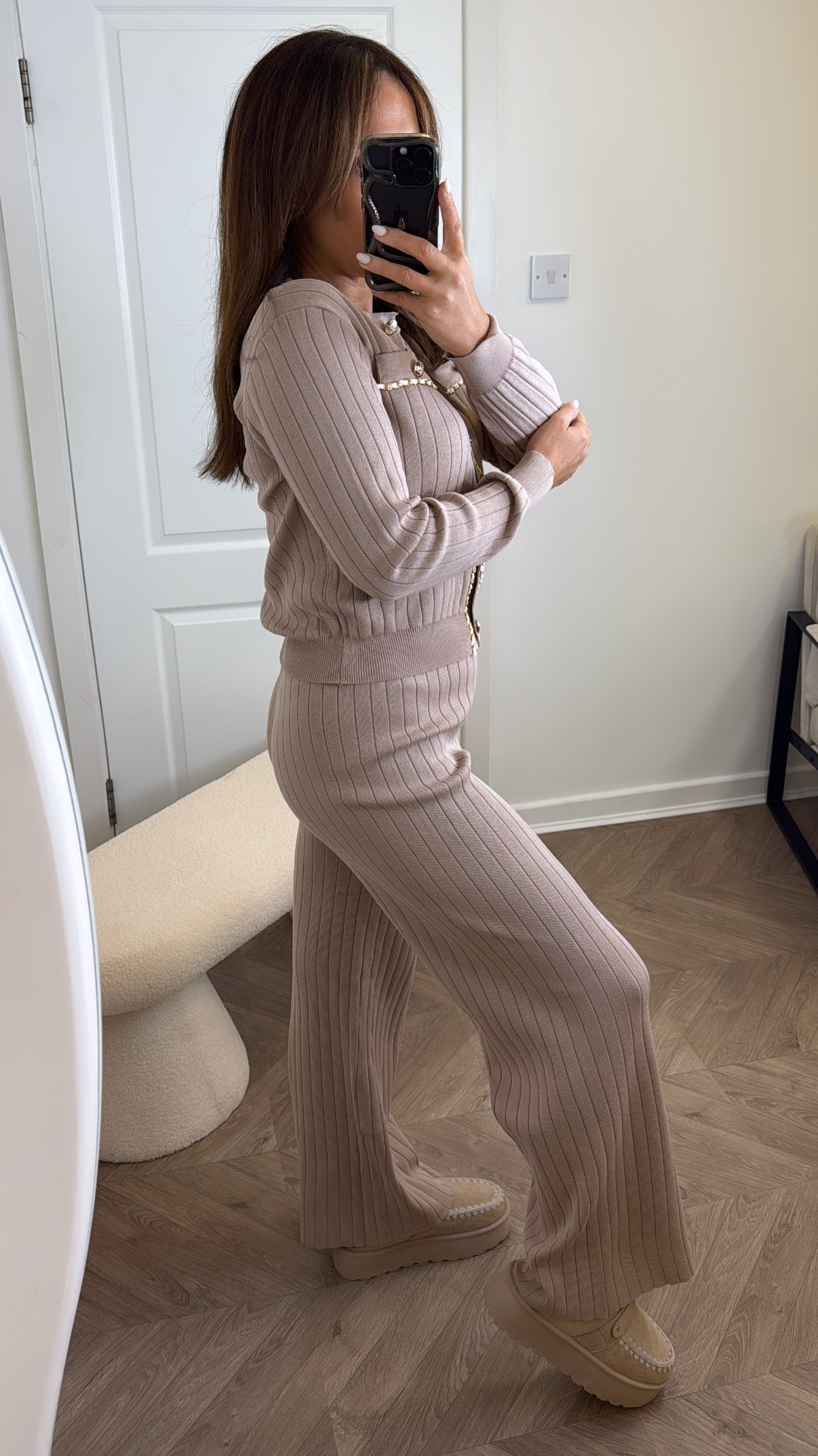 GRACIE beige ribbed chain detail cardigan co-ord