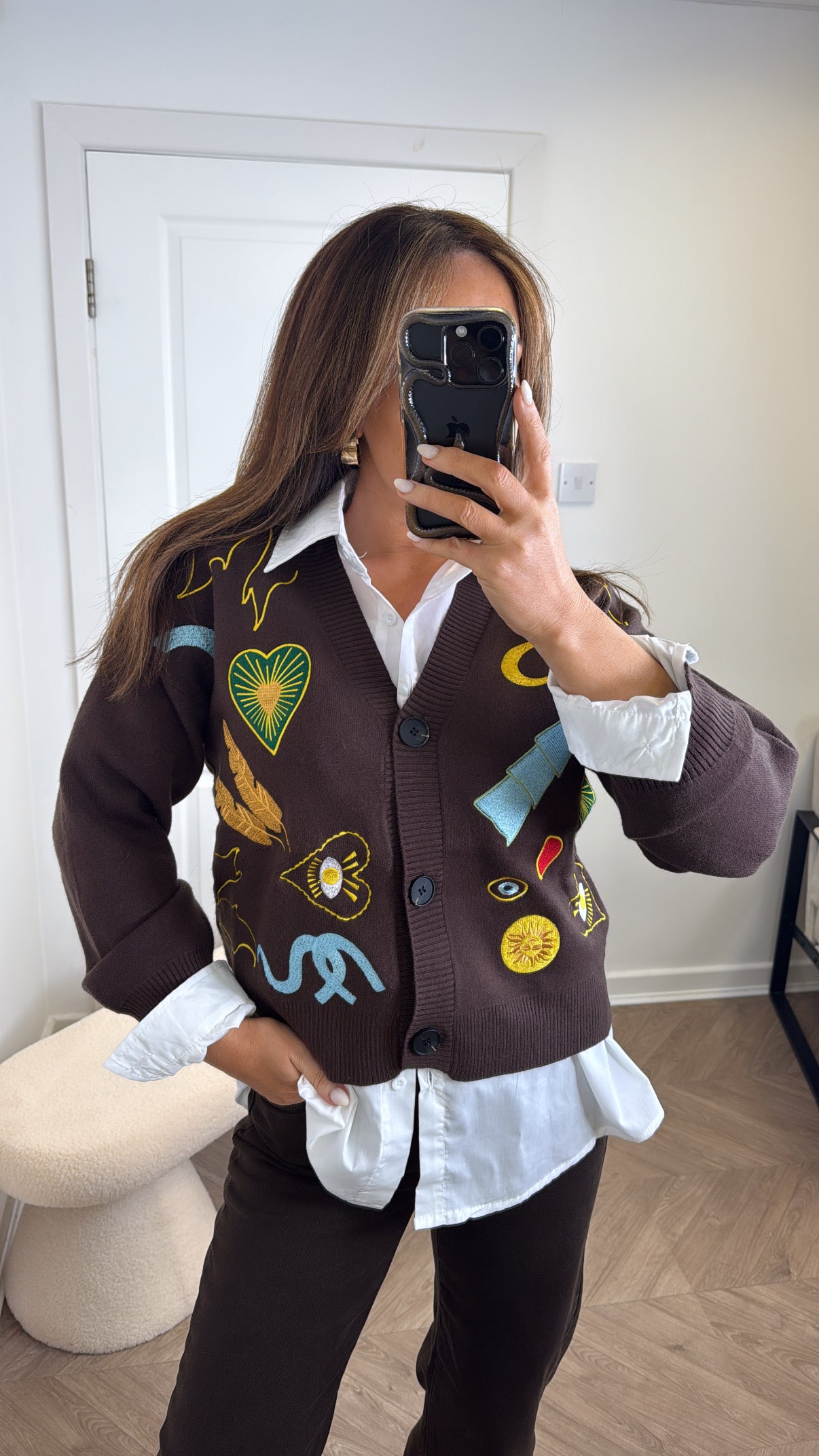 EVA brown embroidered motif cardigan
