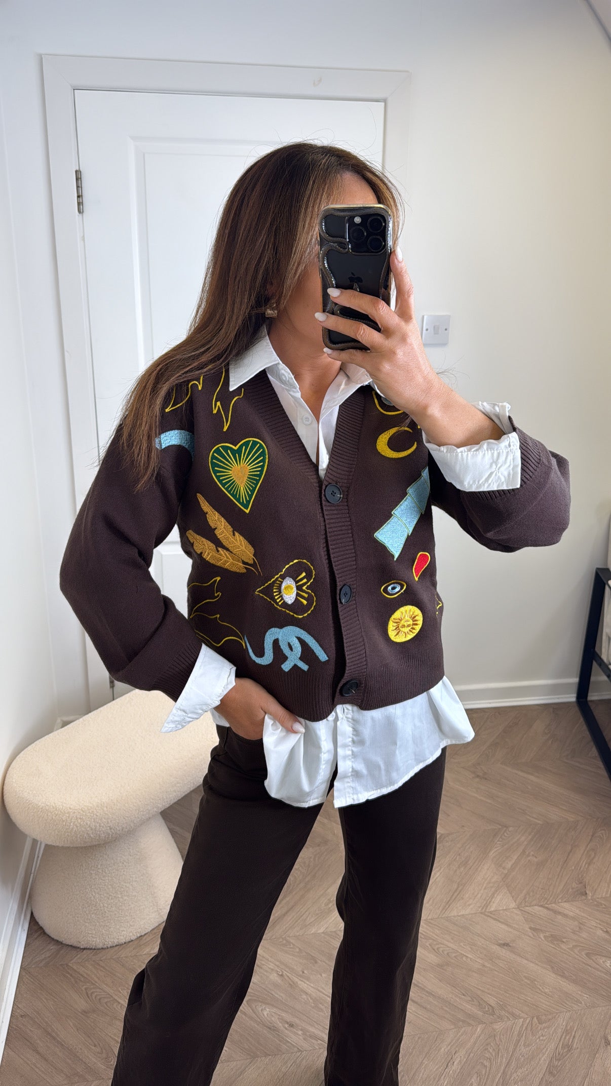 EVA brown embroidered motif cardigan