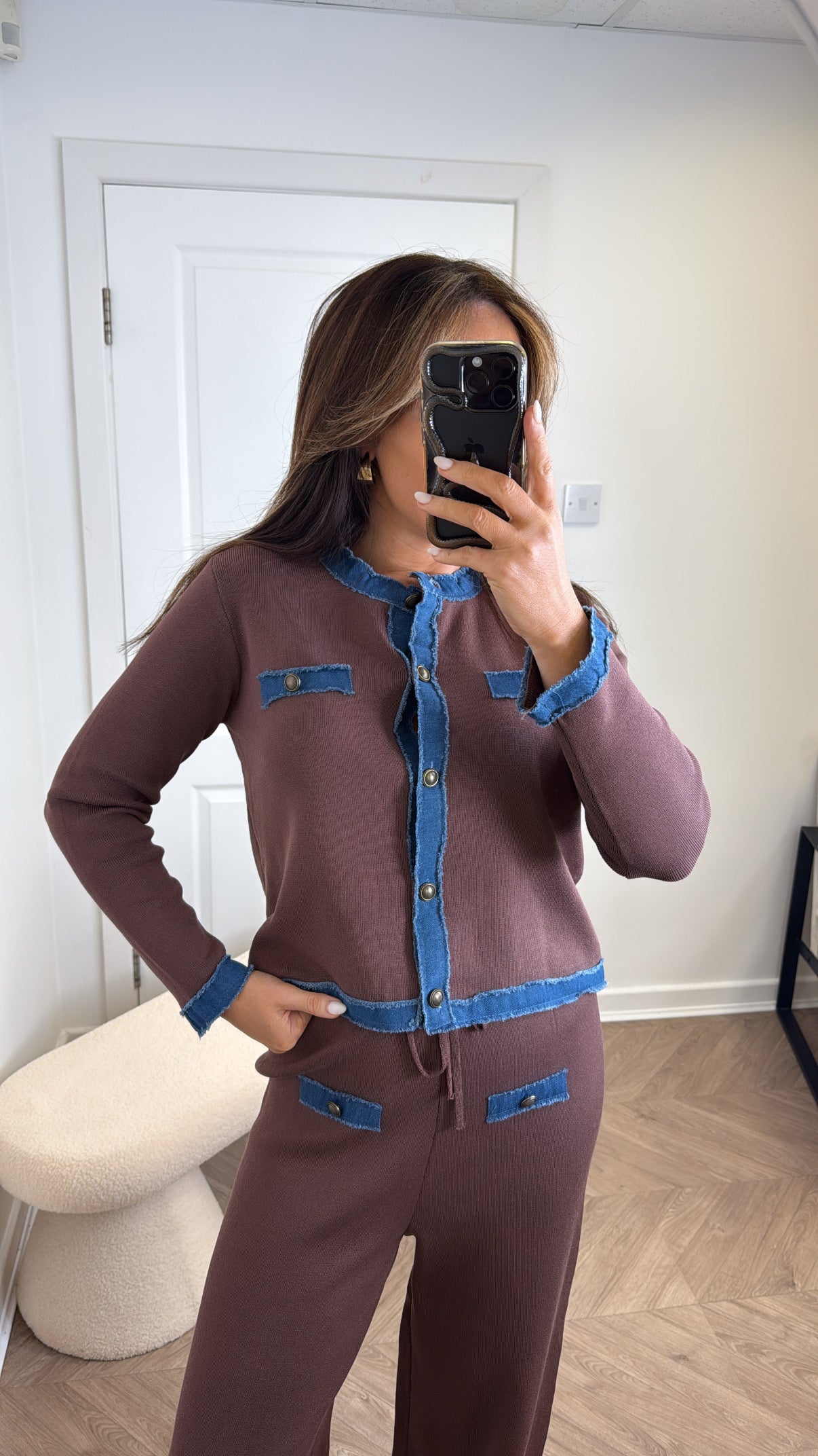 KAYLEY brown and denim contrast cardigan and trousers co-ord