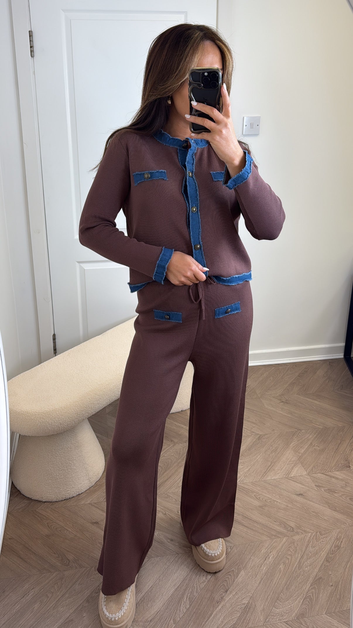KAYLEY brown and denim contrast cardigan and trousers co-ord