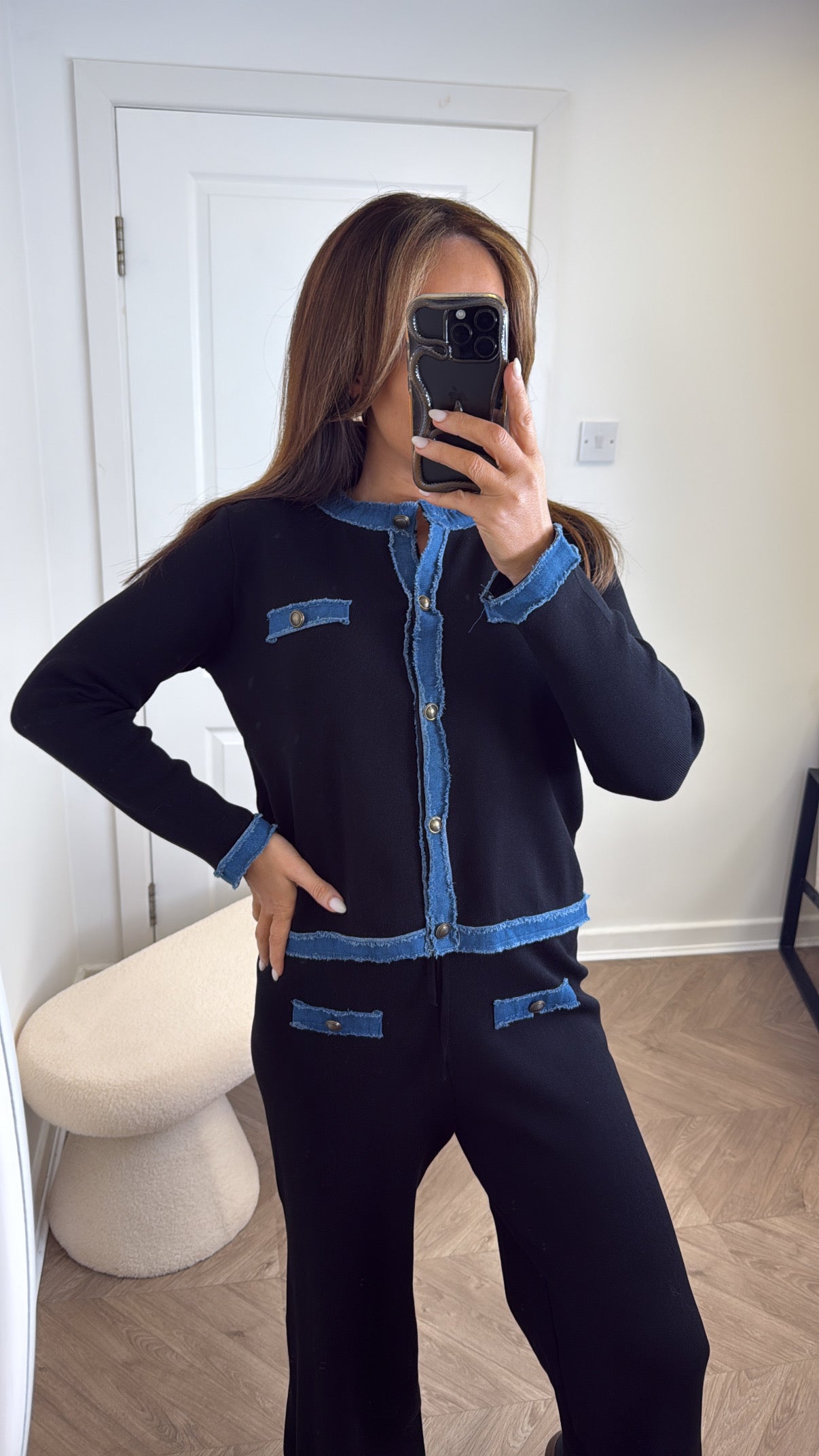 KAYLEY black and denim contrast cardigan and trousers co-ord