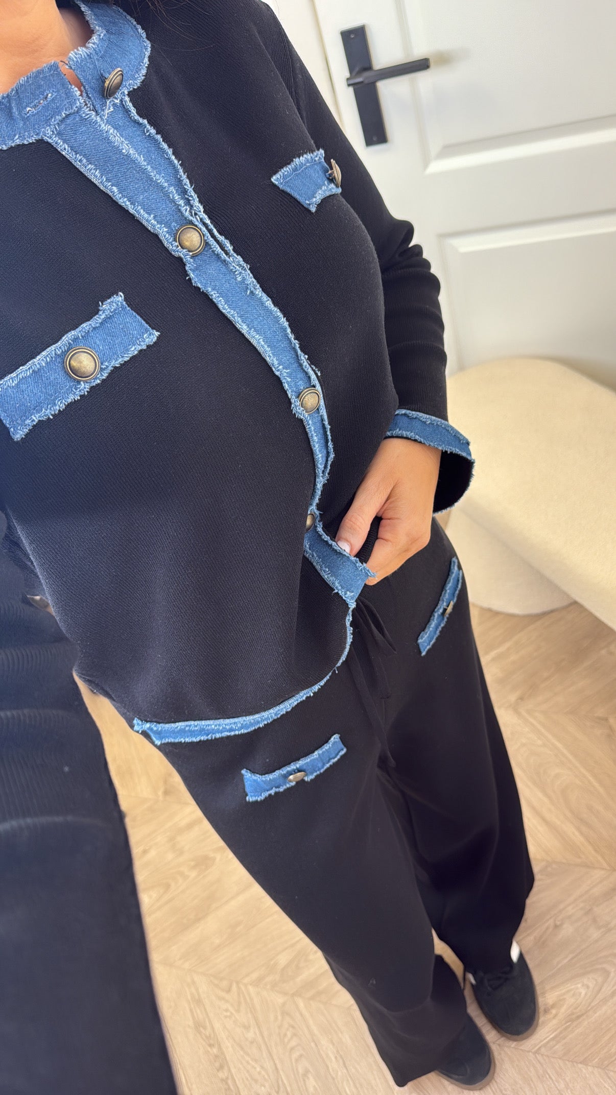 KAYLEY black and denim contrast cardigan and trousers co-ord