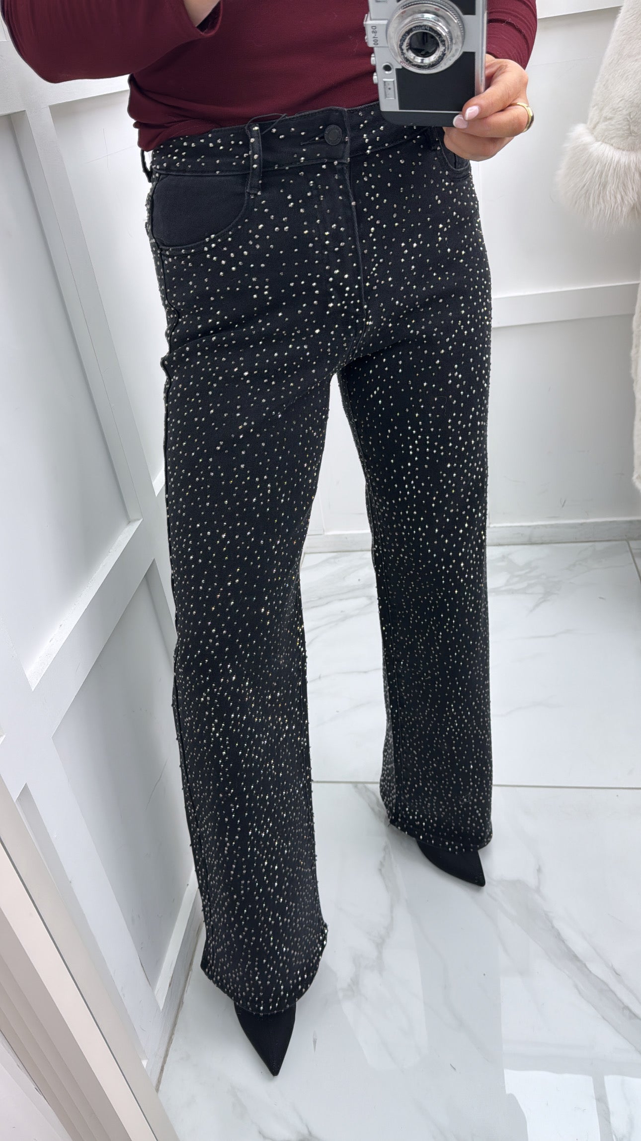 NATALIA black embellished wide leg jeans