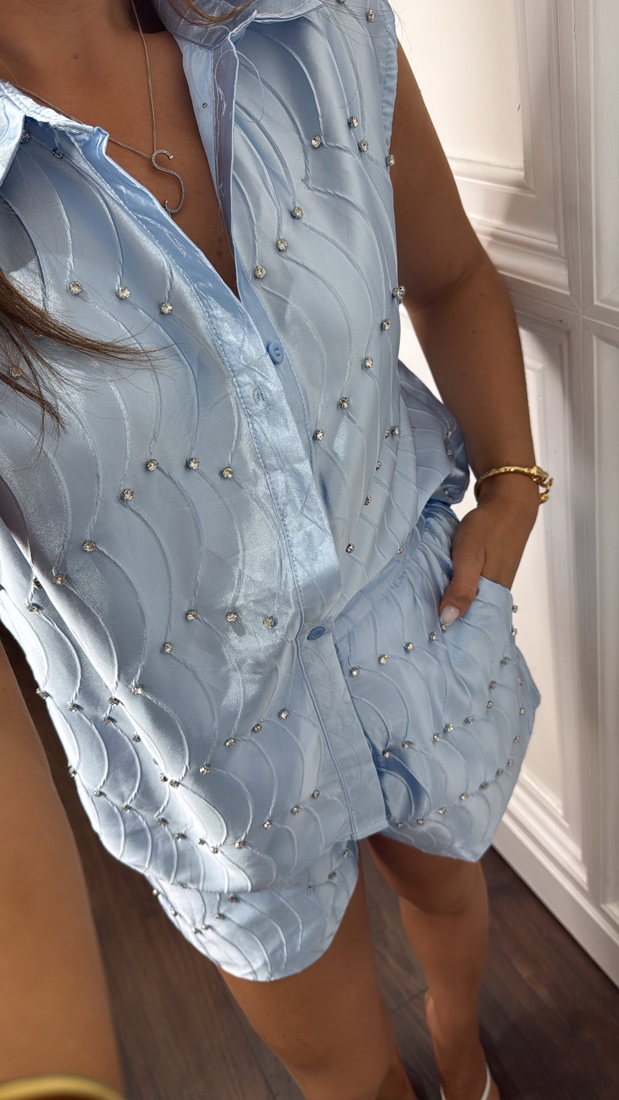 SHANNON blue satin diamanté detail top and shorts co-ord