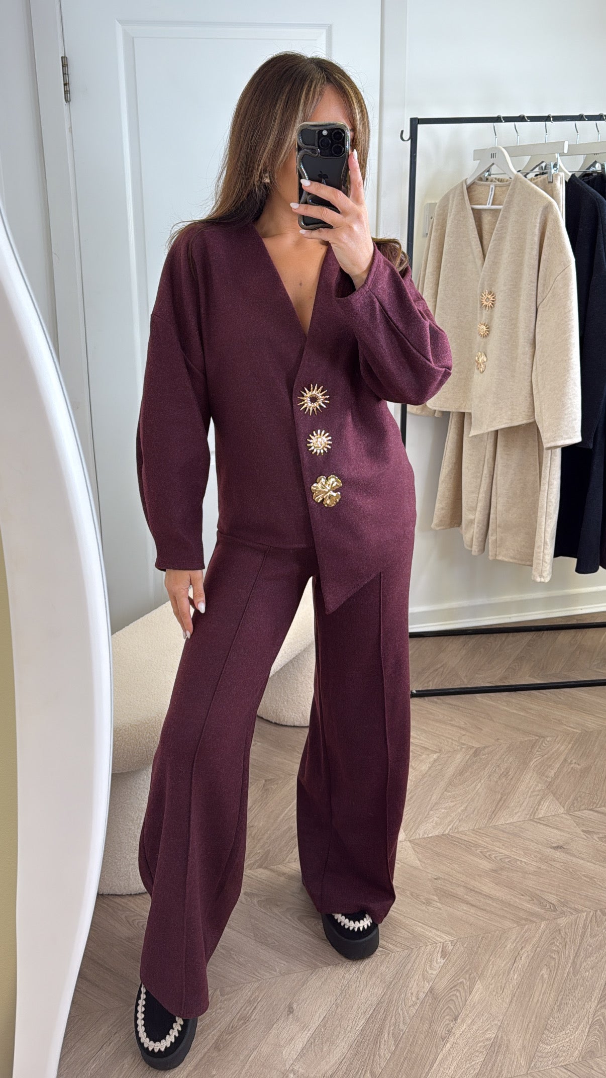 MARGOT burgundy cosy gold brooch detail co-ord