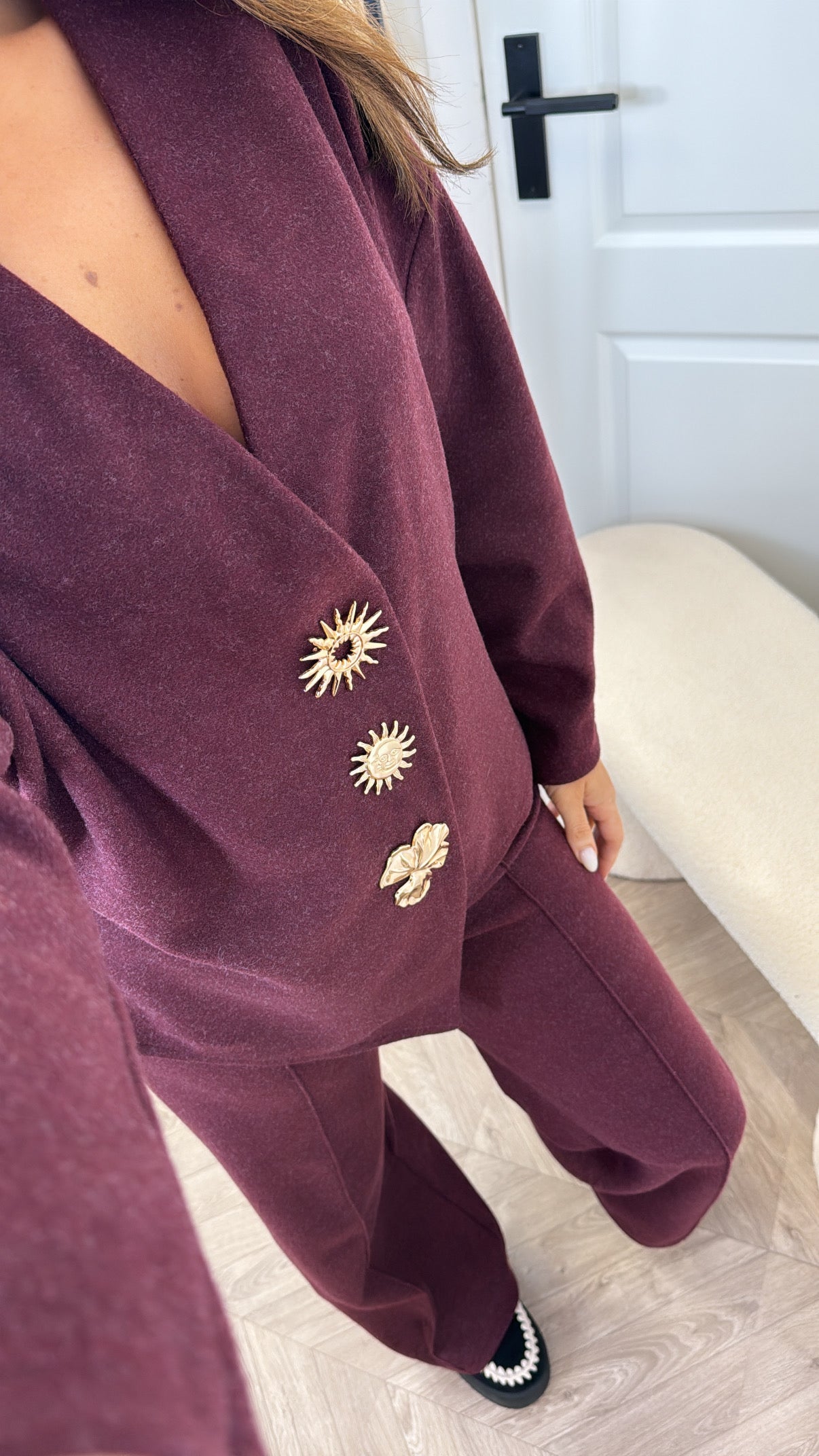 MARGOT burgundy cosy gold brooch detail co-ord