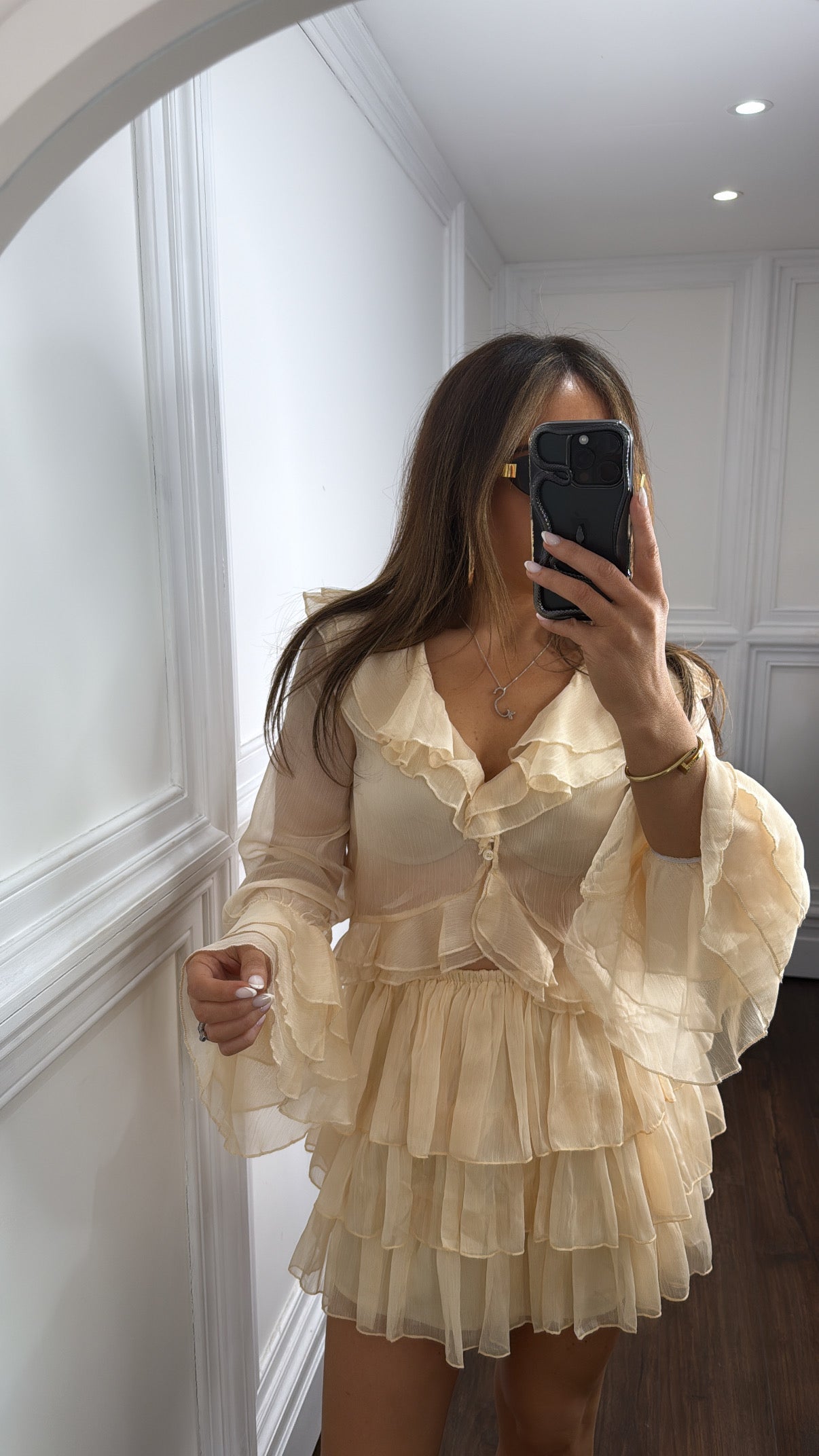 ANNIE apricot chiffon top and skirt co-ord
