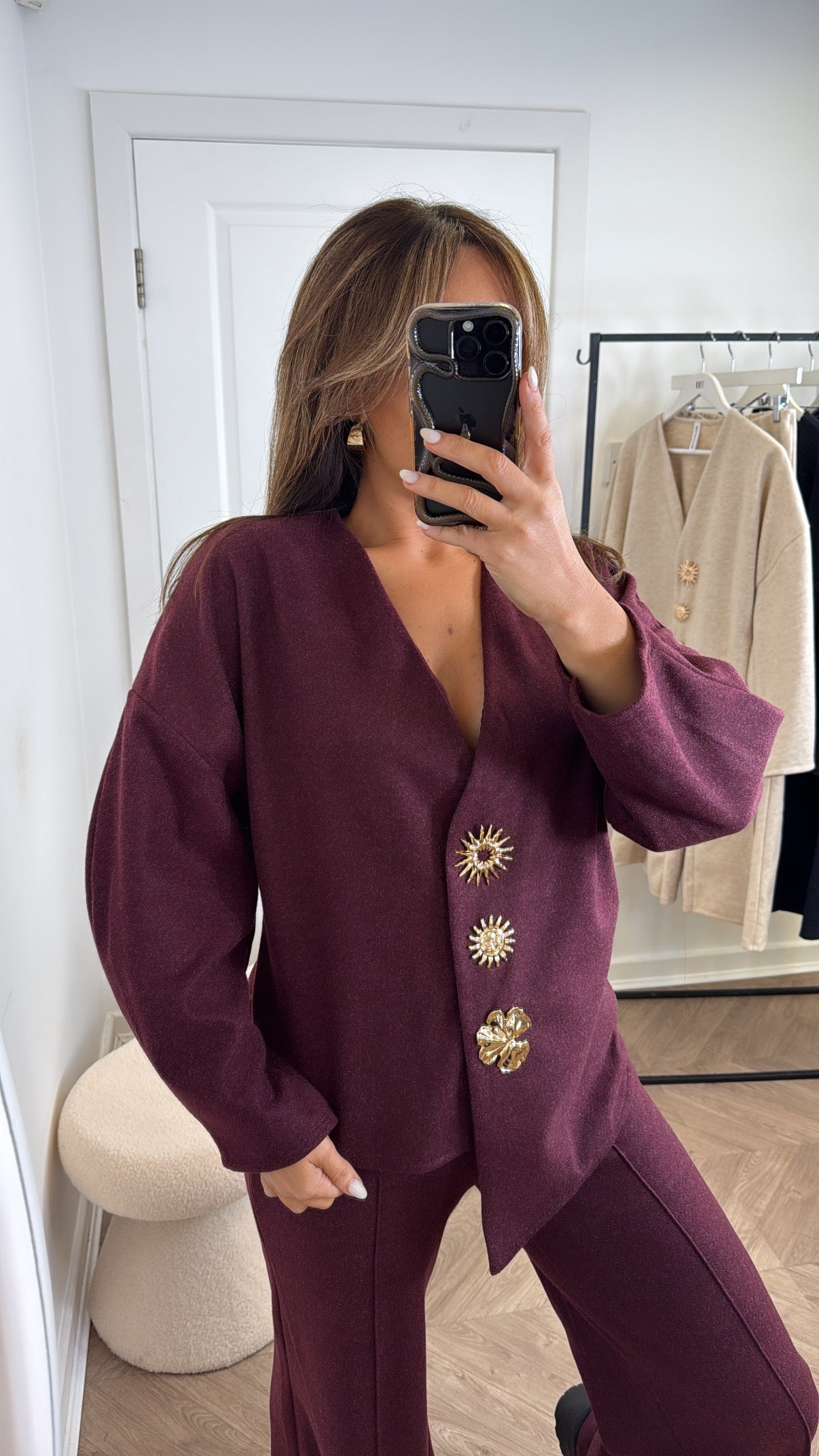 MARGOT burgundy cosy gold brooch detail co-ord