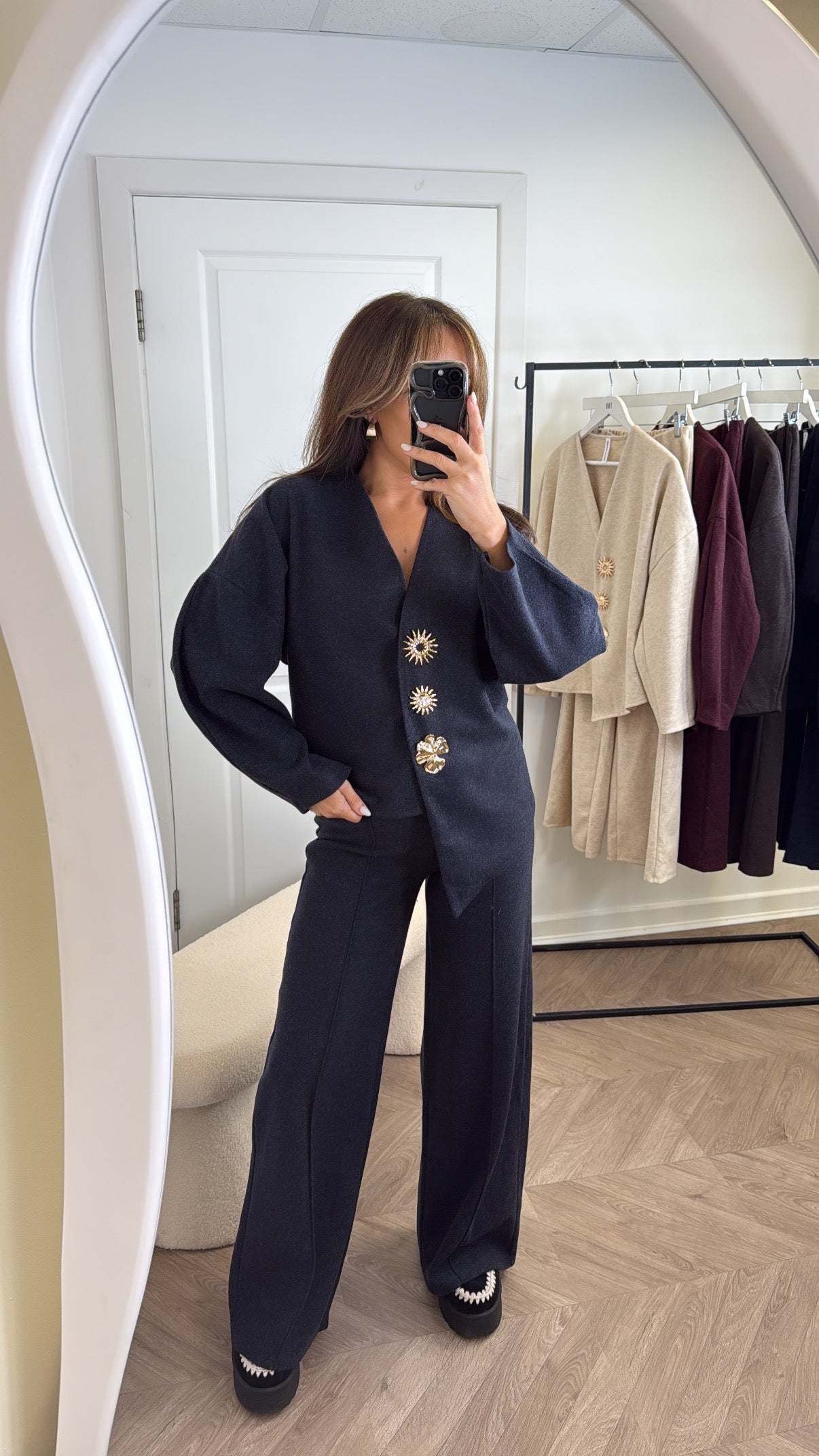 MARGOT charcoal cosy gold brooch detail co-ord
