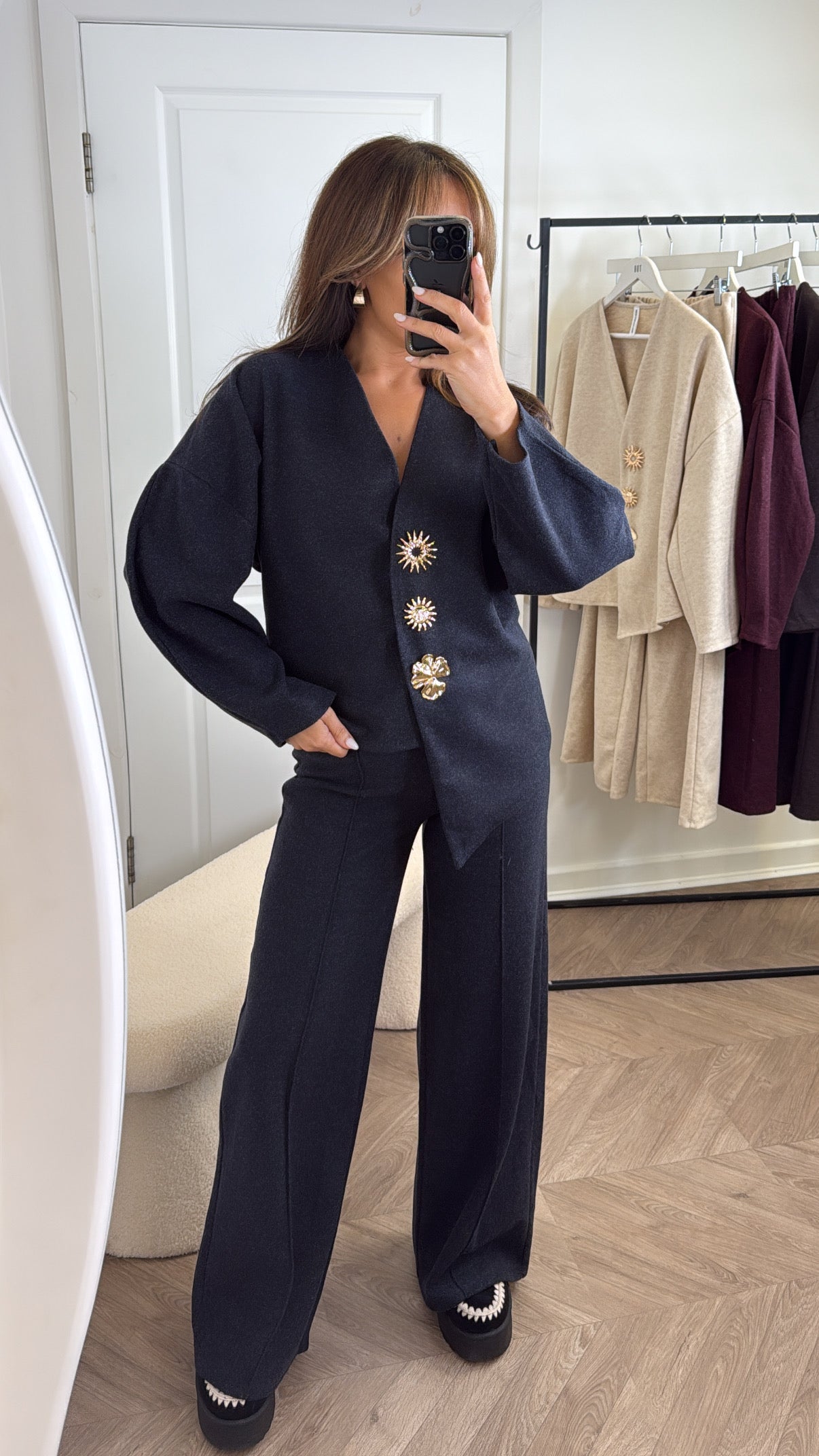 MARGOT charcoal cosy gold brooch detail co-ord