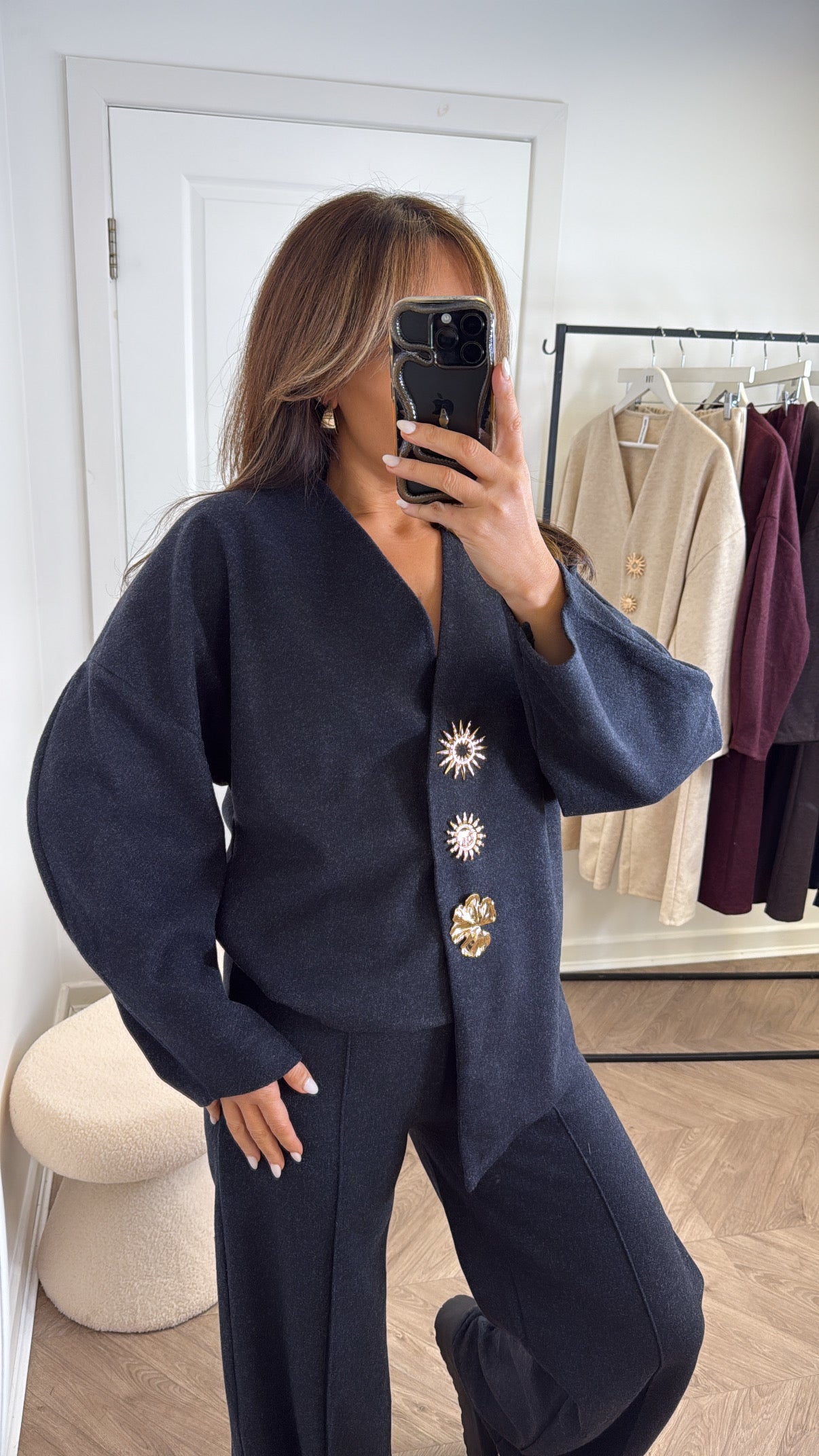MARGOT charcoal cosy gold brooch detail co-ord