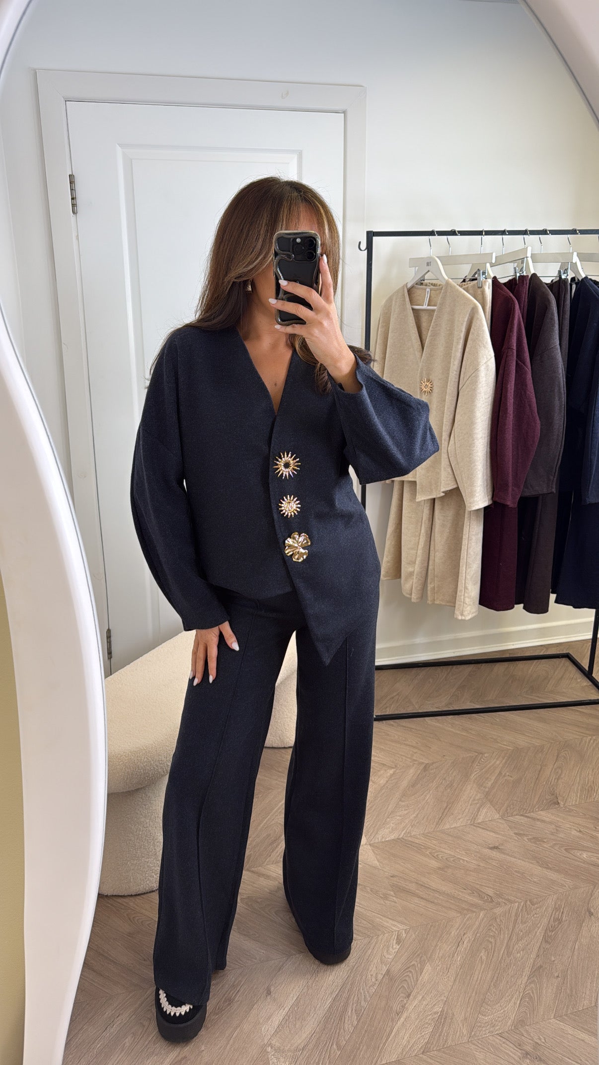MARGOT charcoal cosy gold brooch detail co-ord