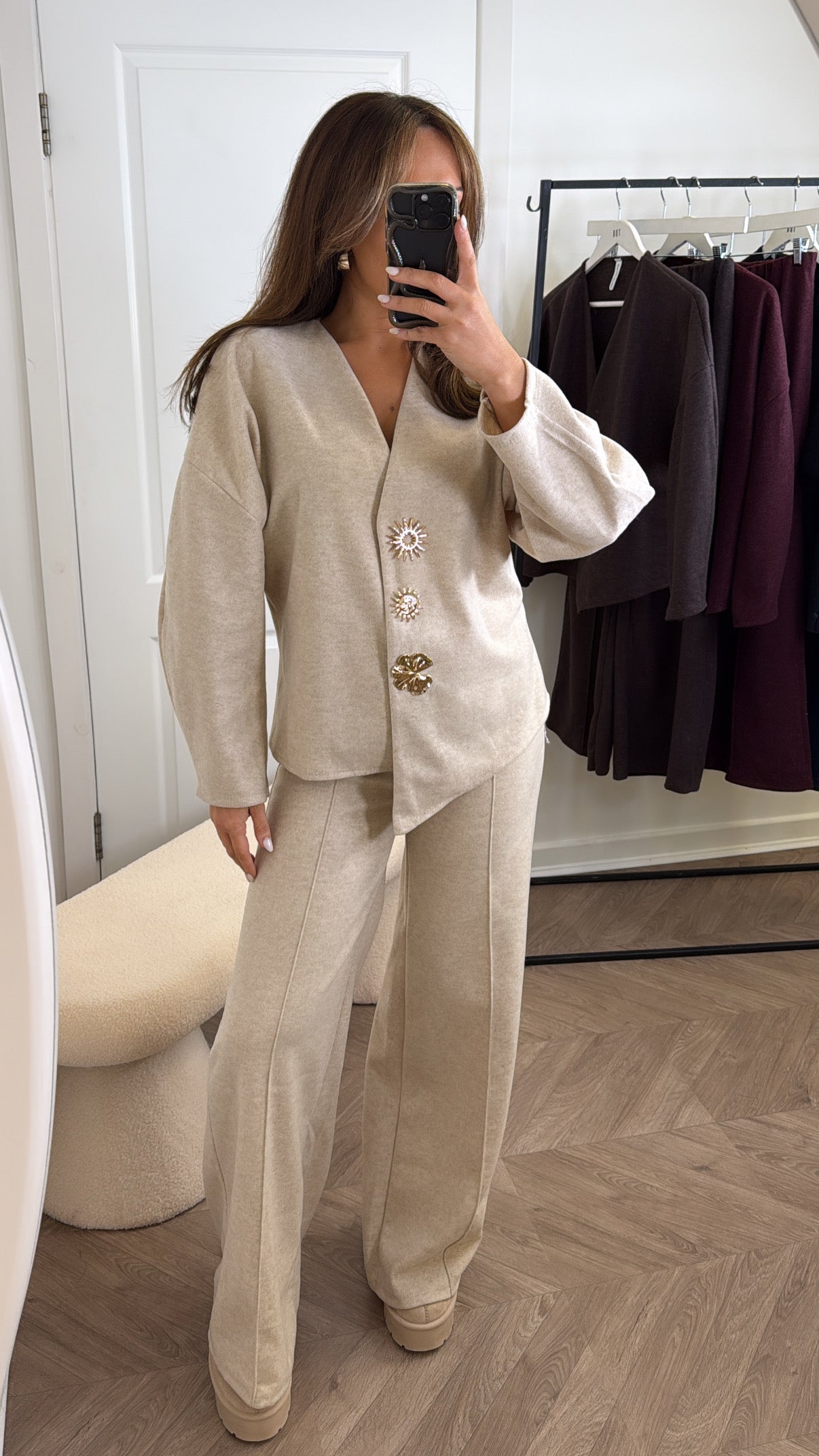 MARGOT beige cosy gold brooch detail co-ord