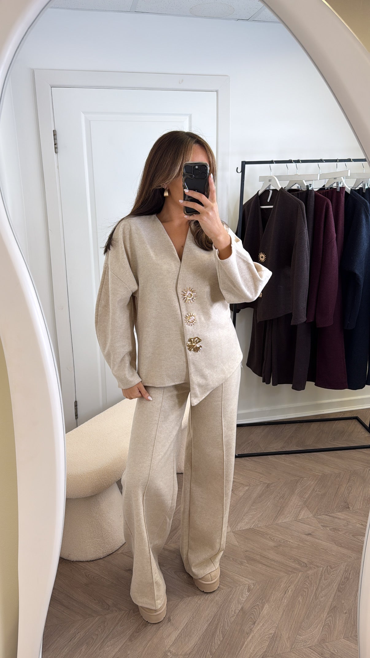 MARGOT beige cosy gold brooch detail co-ord