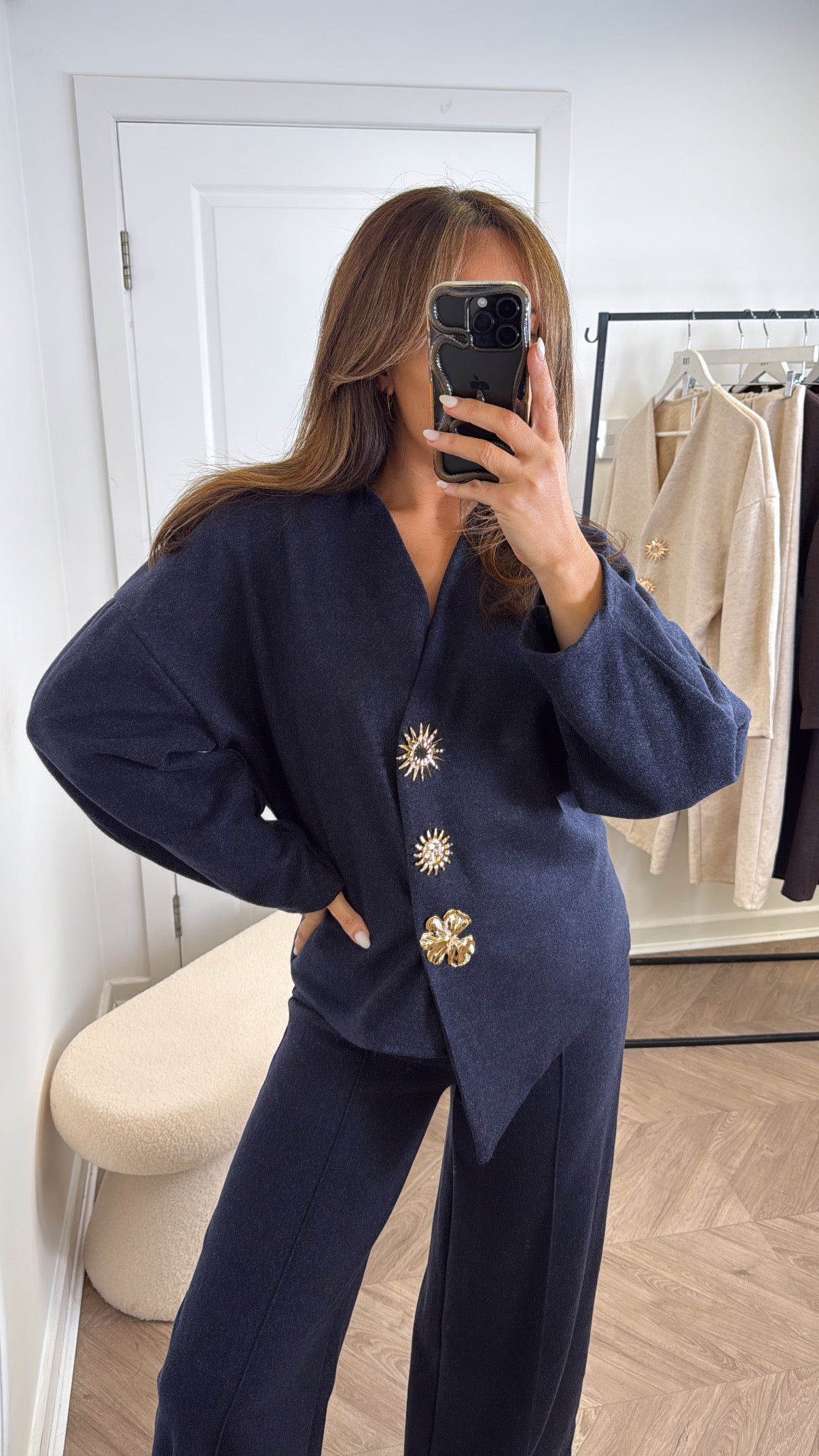 MARGOT navy cosy gold brooch detail co-ord