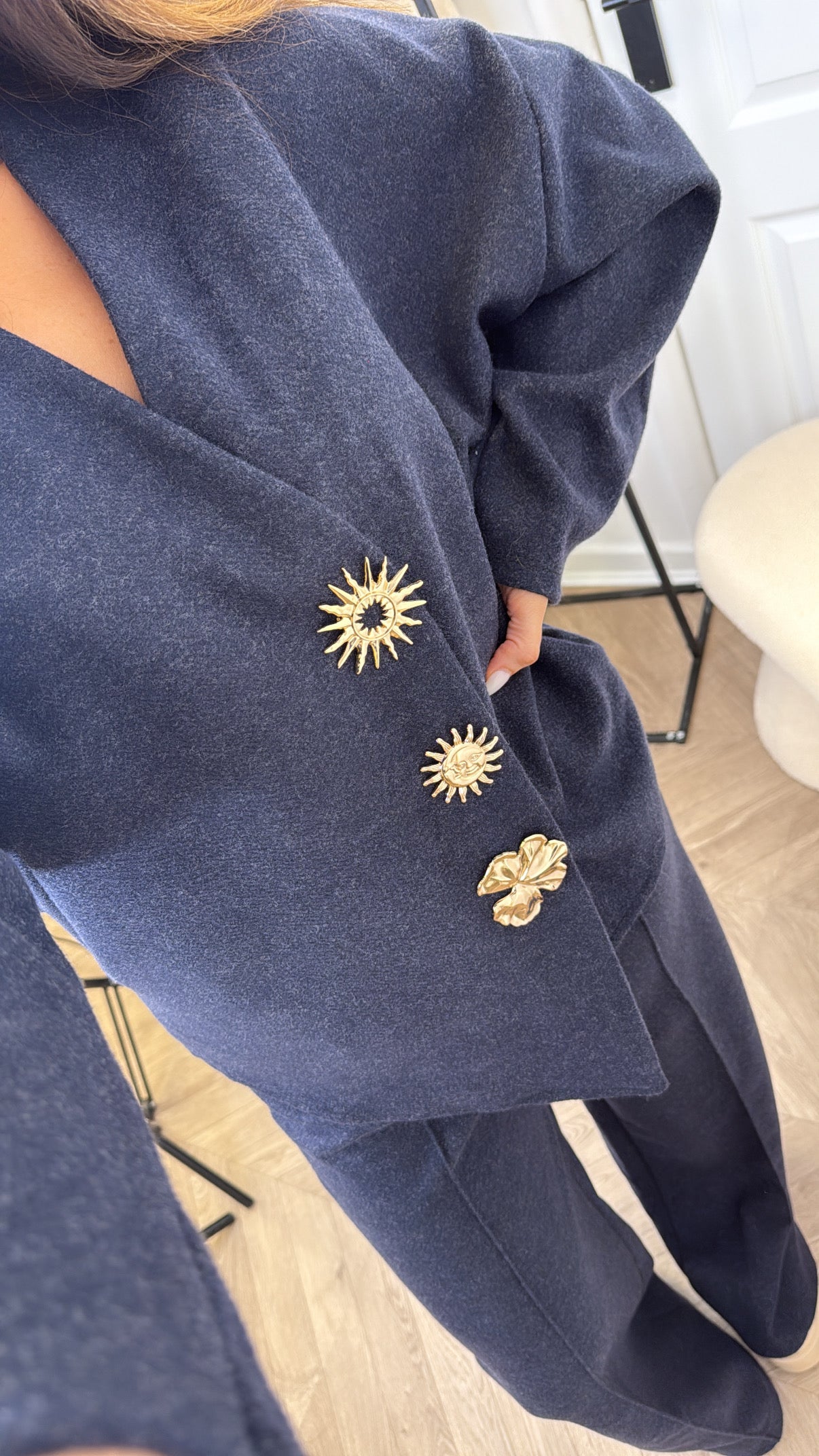 MARGOT navy cosy gold brooch detail co-ord