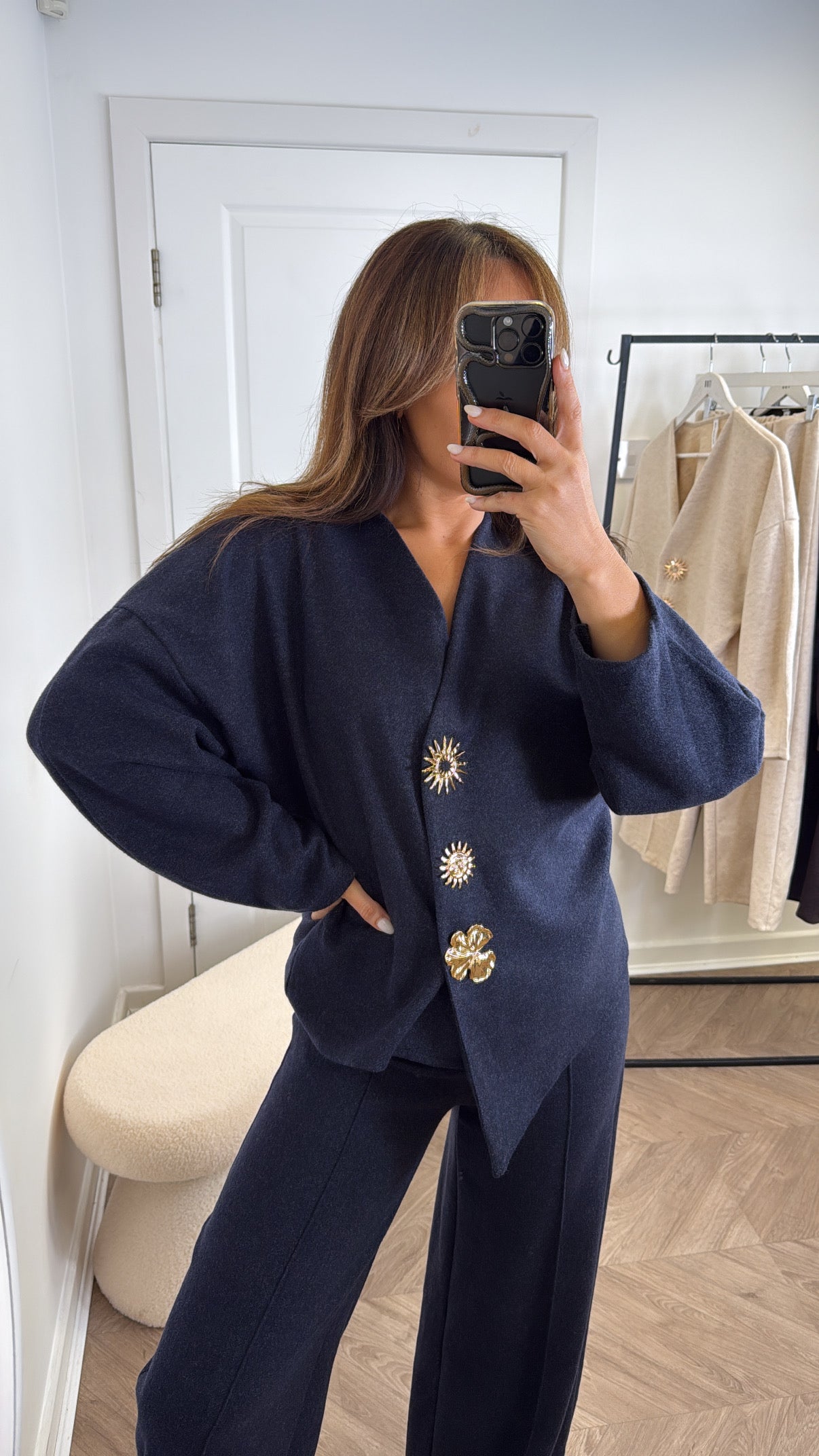 MARGOT navy cosy gold brooch detail co-ord