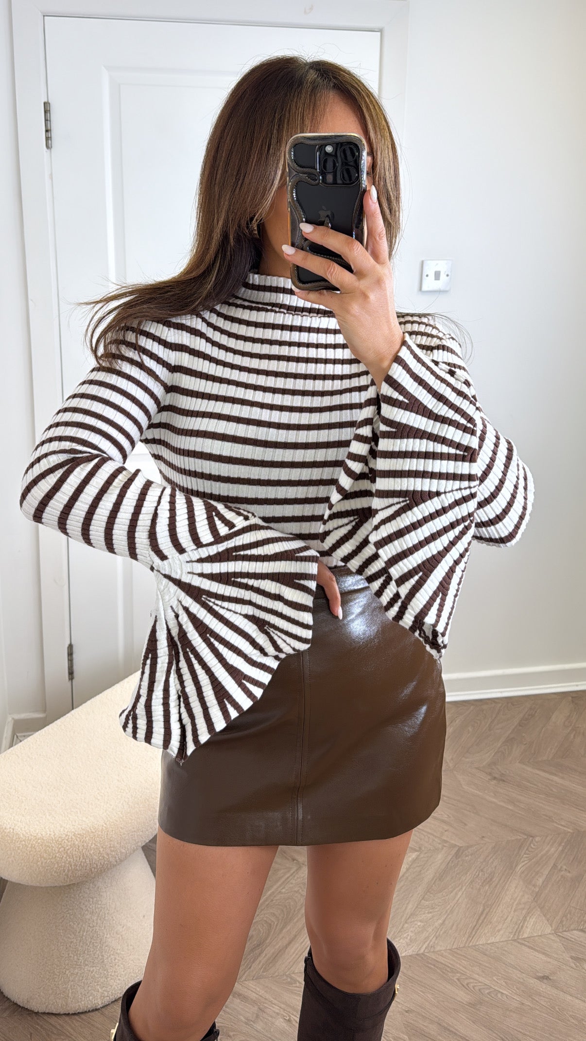 ANNA white and brown stripe top with frill cuffs