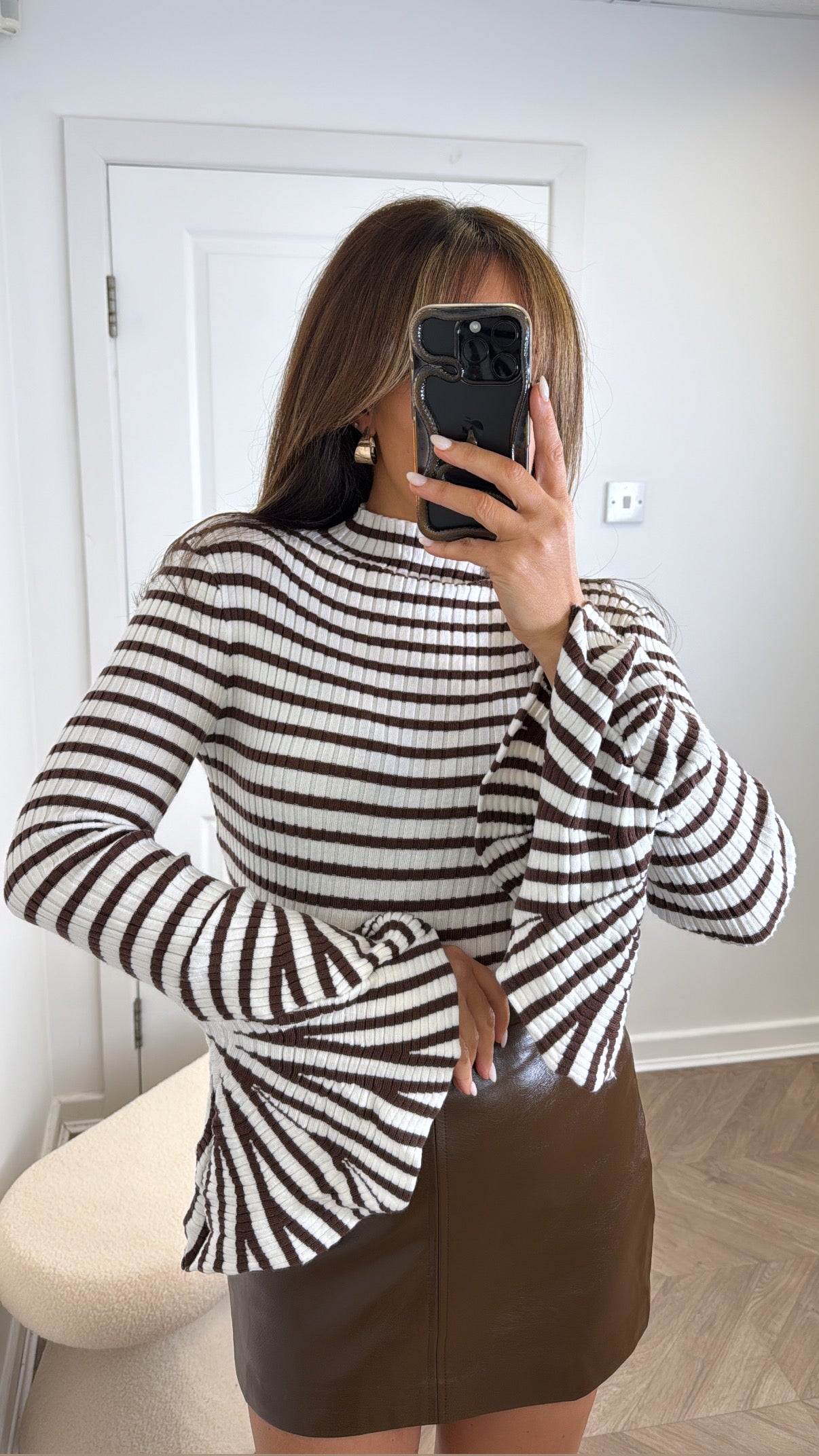 ANNA white and brown stripe top with frill cuffs
