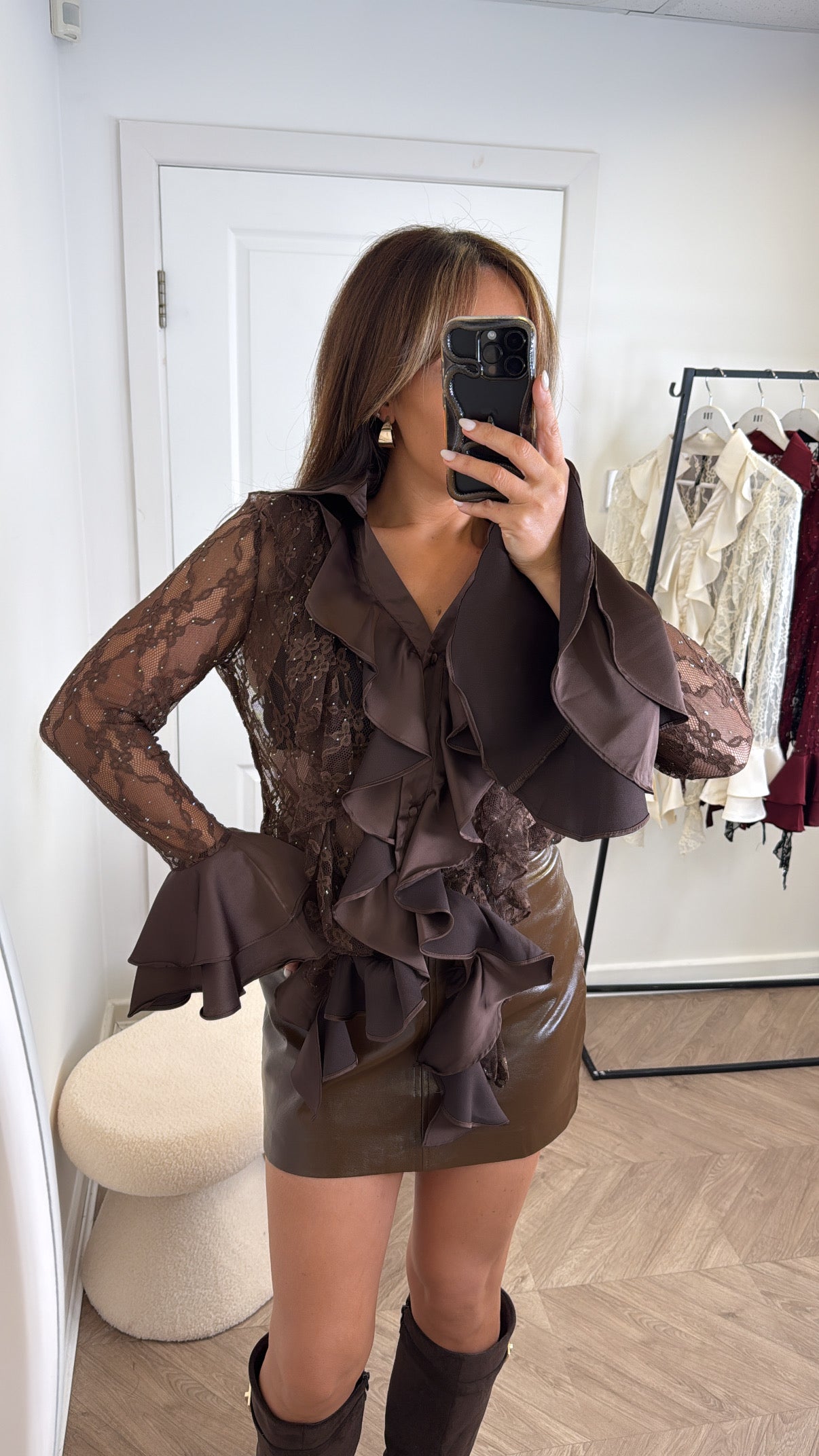 FRANKIE brown lace blouse with ruffle & jewel detailing