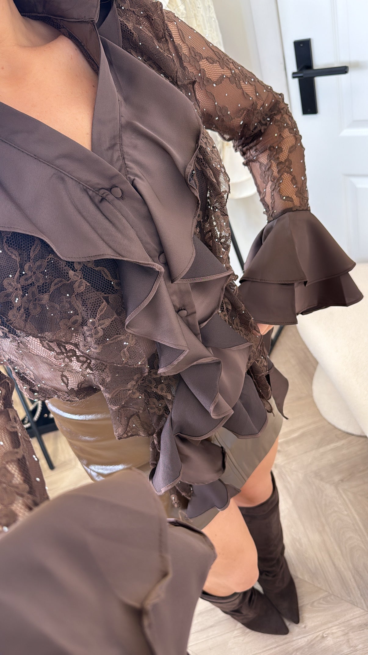 FRANKIE brown lace blouse with ruffle & jewel detailing