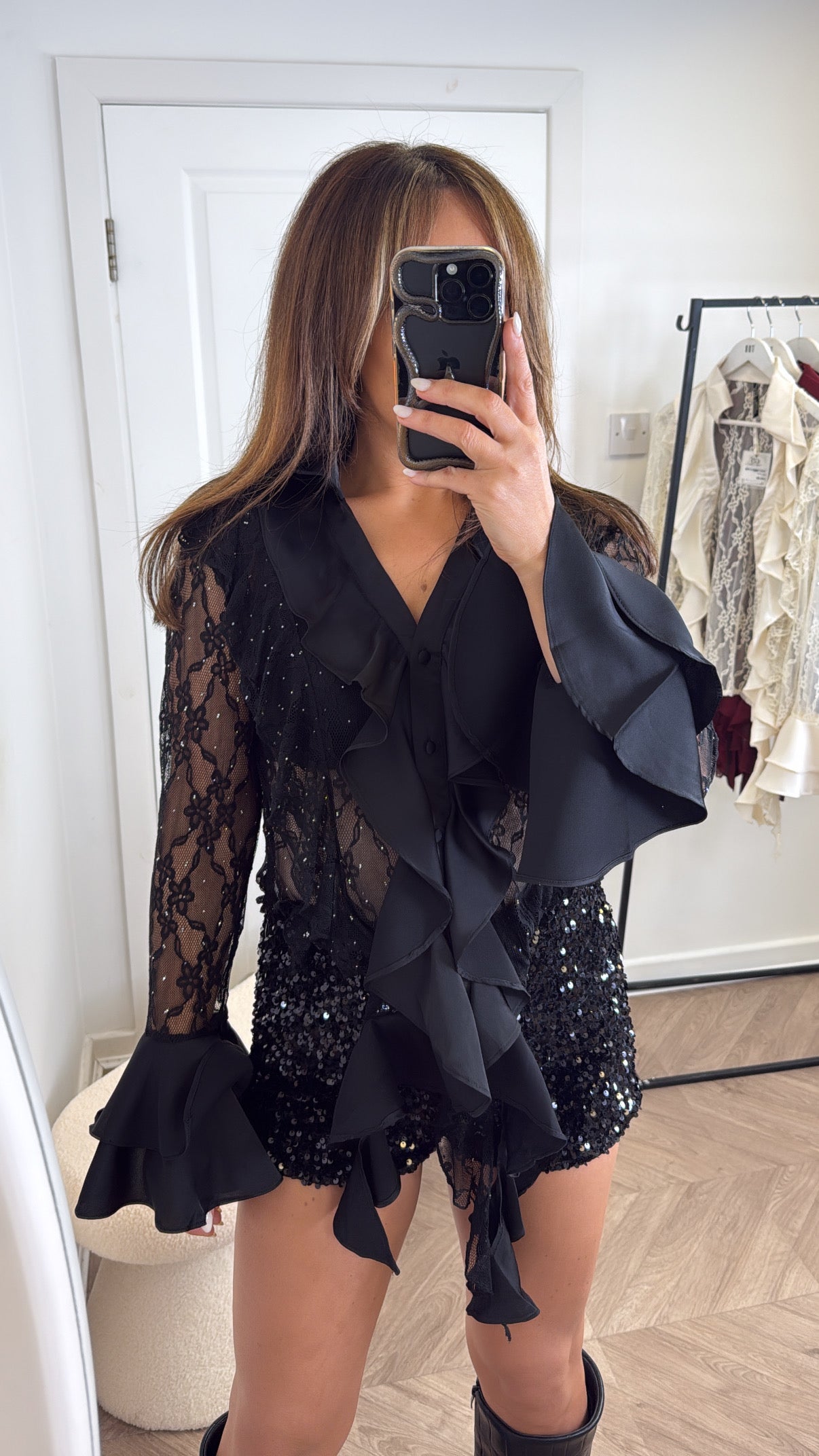 FRANKIE black lace blouse with ruffle & jewel detailing